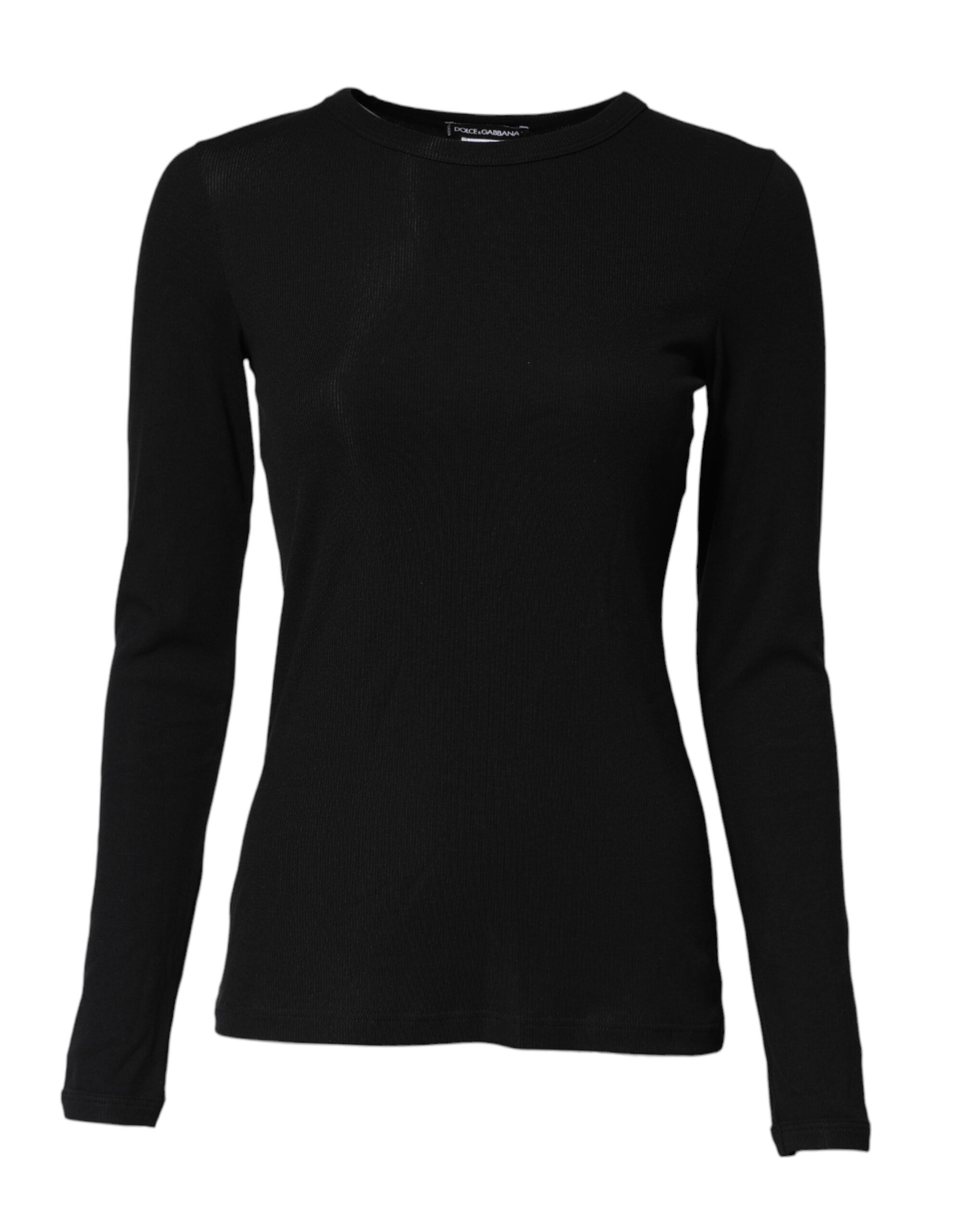 Black Cotton Knit Round Neck Long Sleeves T-shirt - ventzia