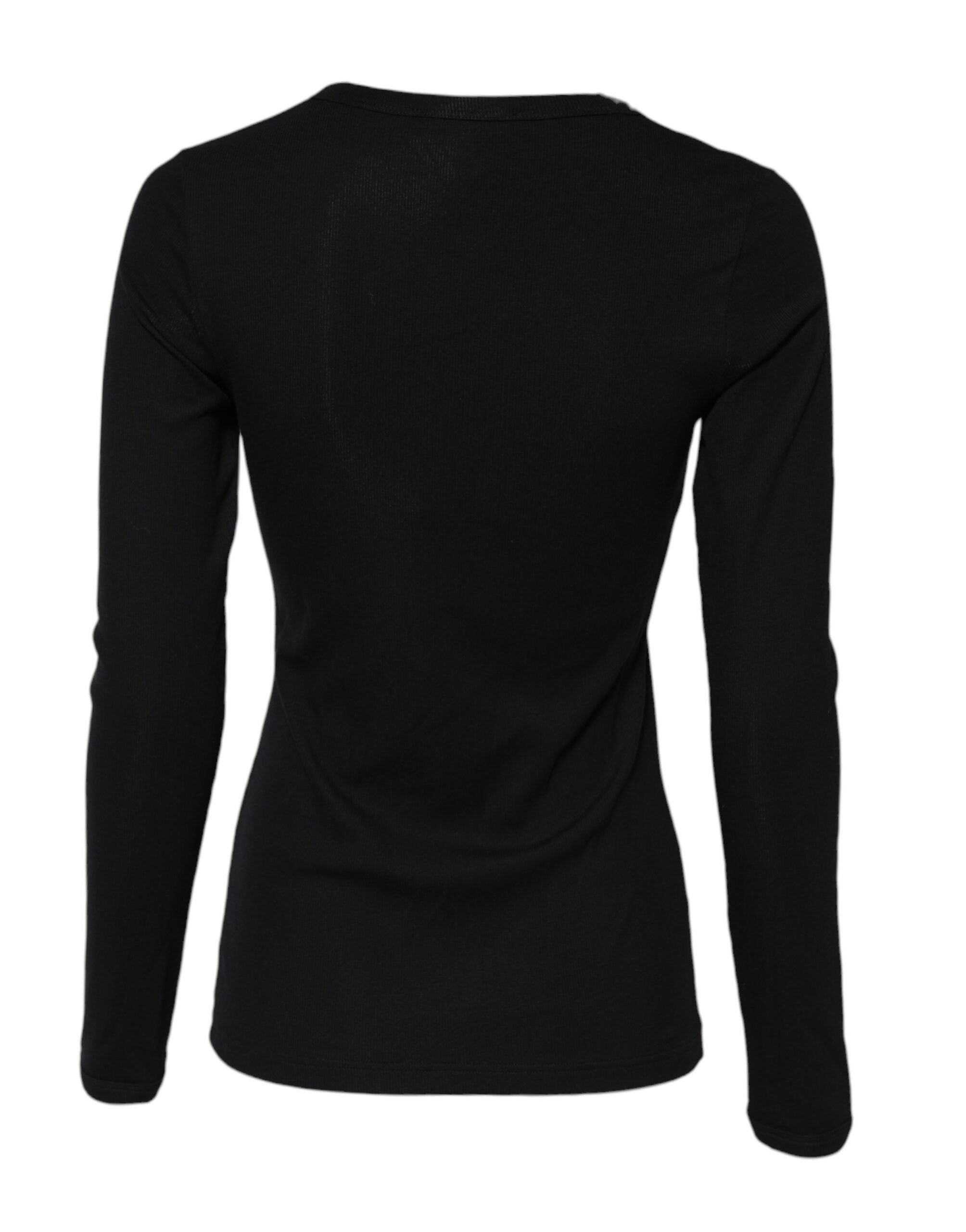 Black Cotton Knit Round Neck Long Sleeves T-shirt - ventzia