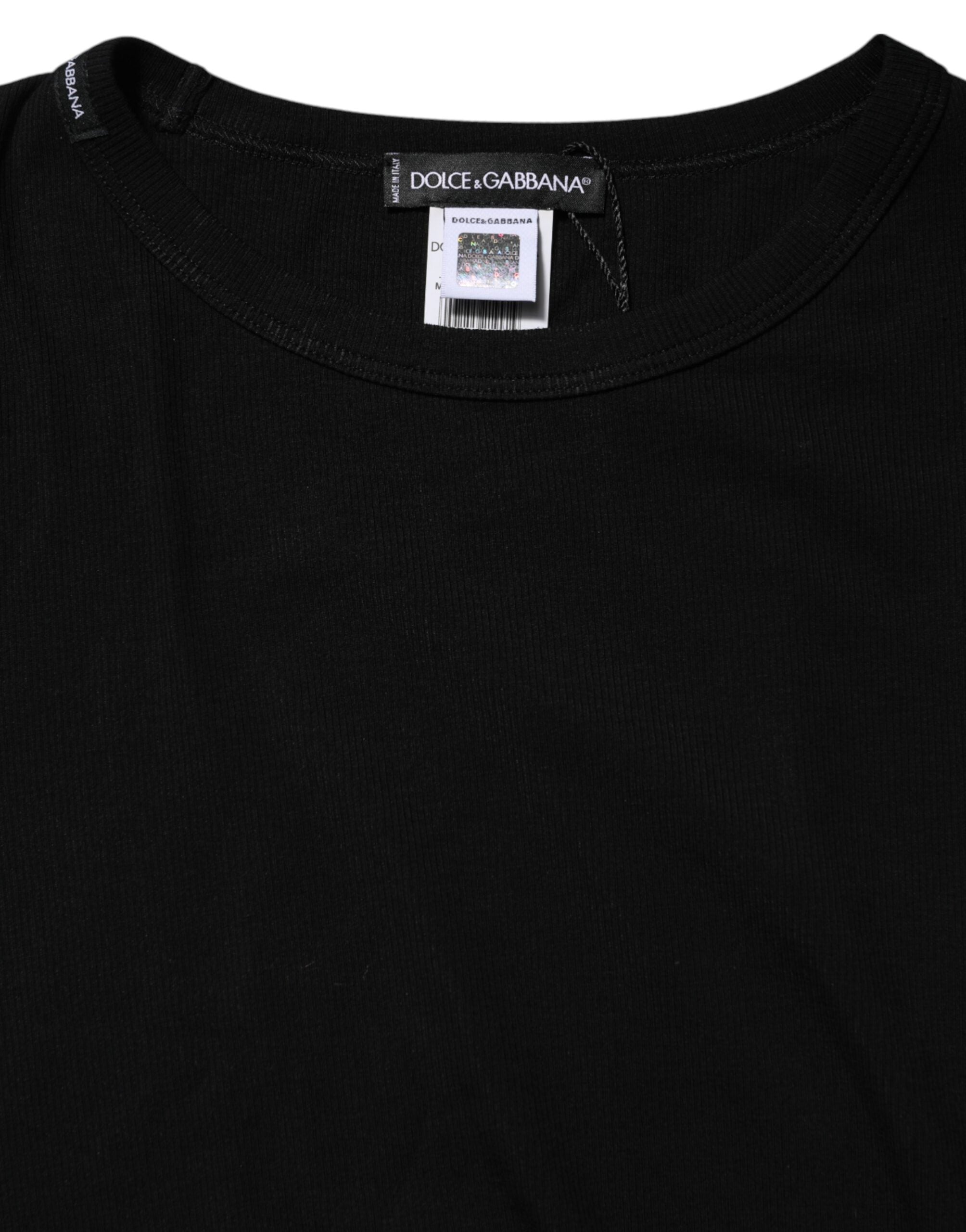 Black Cotton Knit Round Neck Long Sleeves T-shirt - ventzia