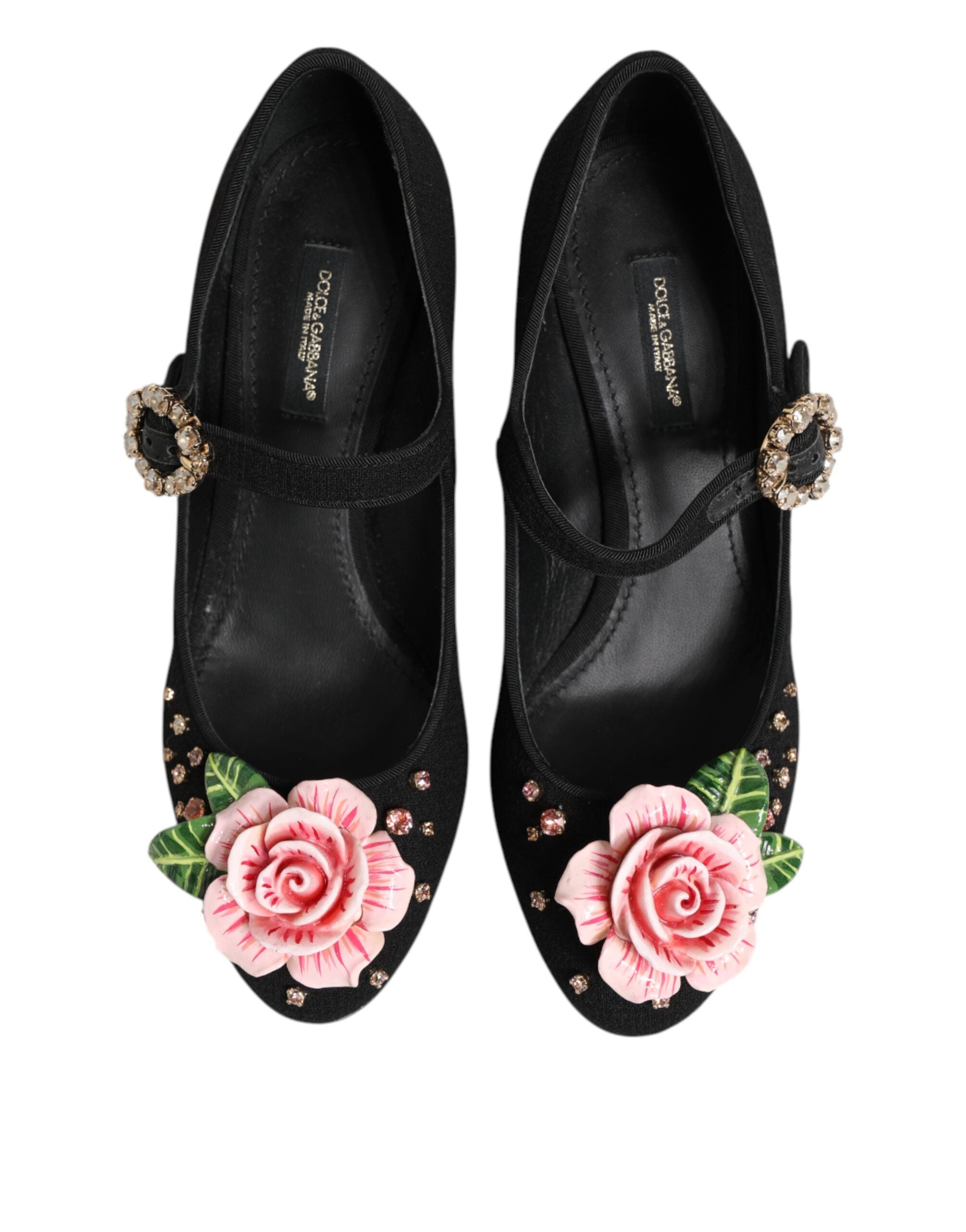 Black Flower Crystal Embellished Mary Jane Shoes - ventzia