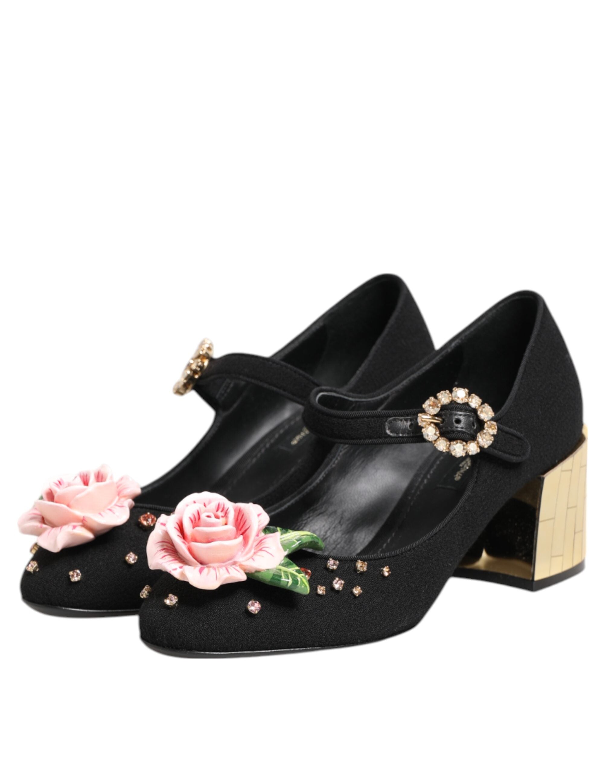 Black Flower Crystal Embellished Mary Jane Shoes - ventzia