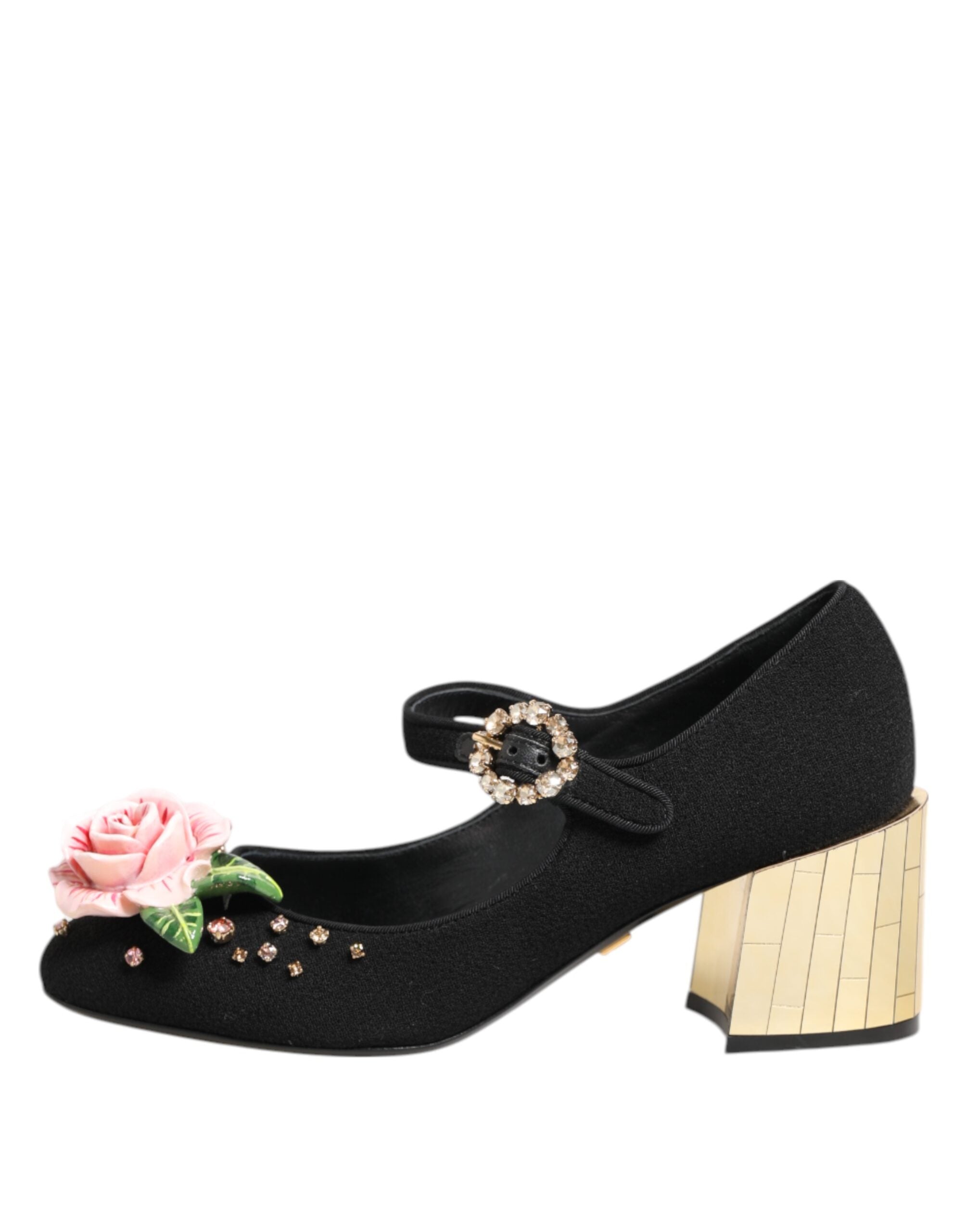 Black Flower Crystal Embellished Mary Jane Shoes - ventzia