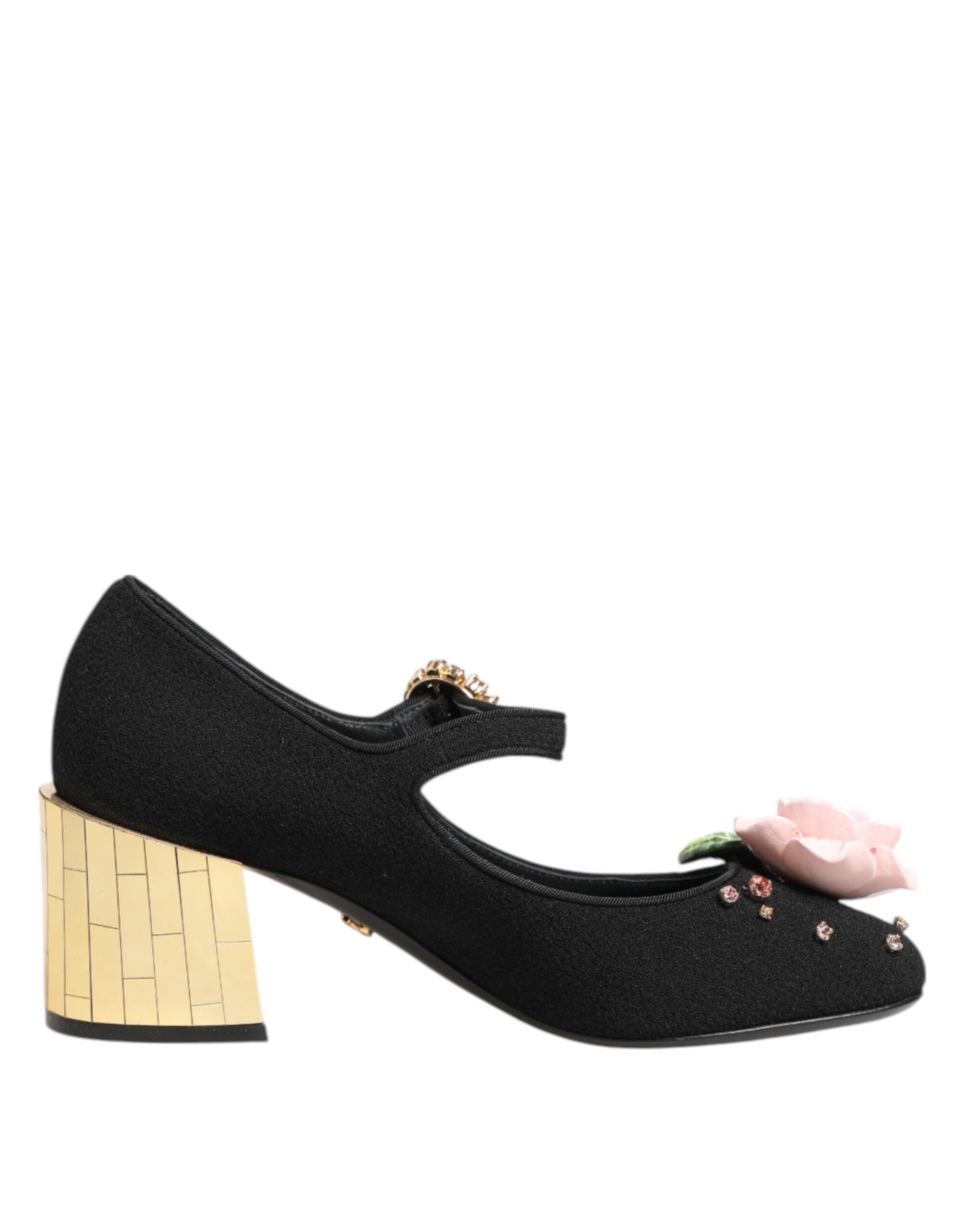 Black Flower Crystal Embellished Mary Jane Shoes - ventzia