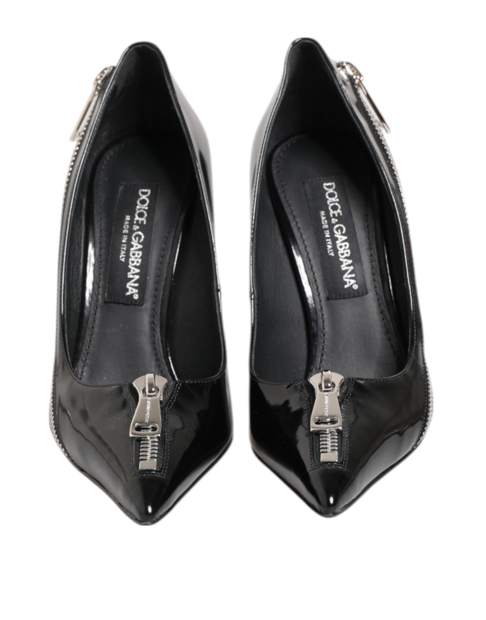 Black Patent Leather Zipper Heels Pumps Shoes - ventzia