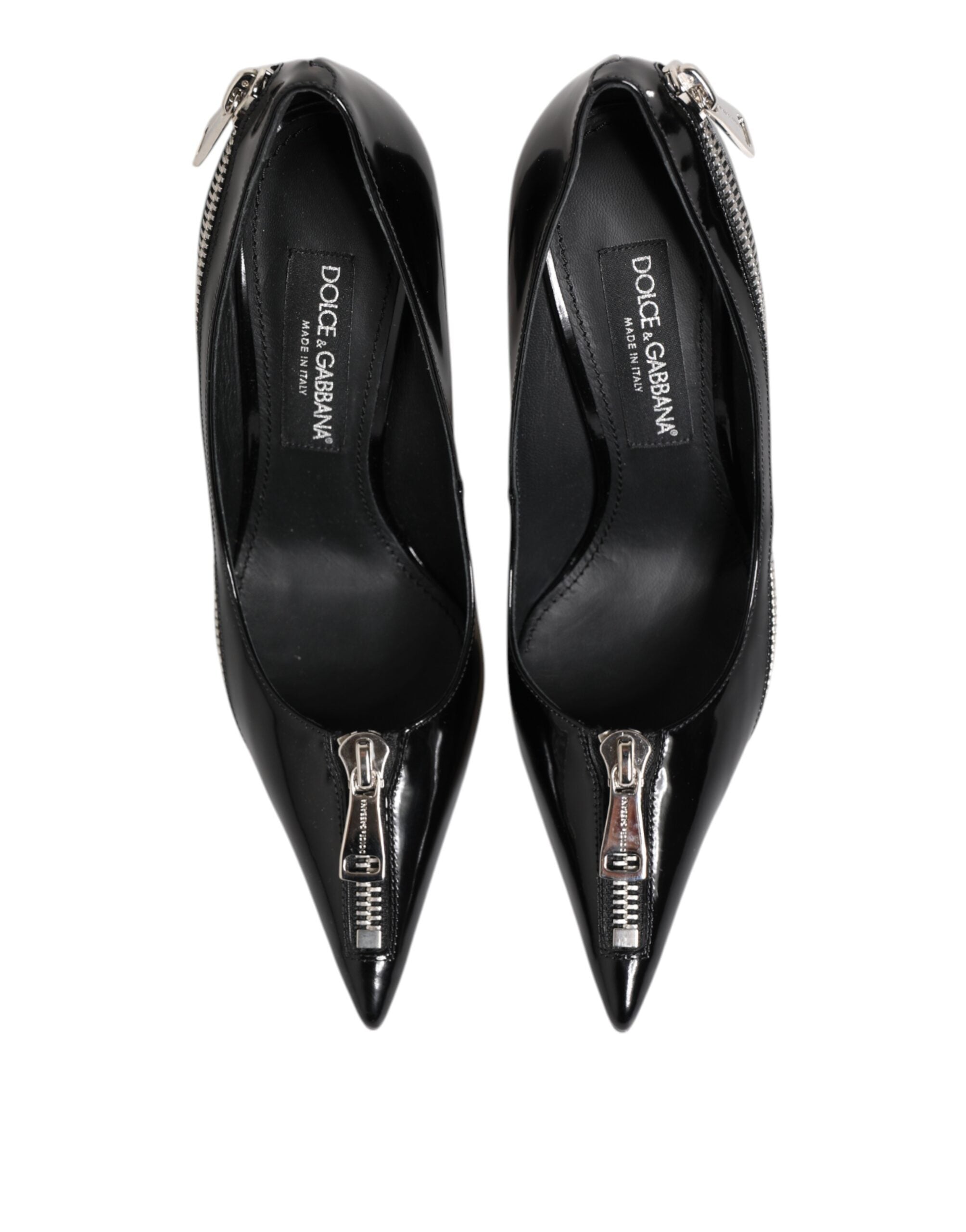 Black Patent Leather Zipper Heels Pumps Shoes - ventzia