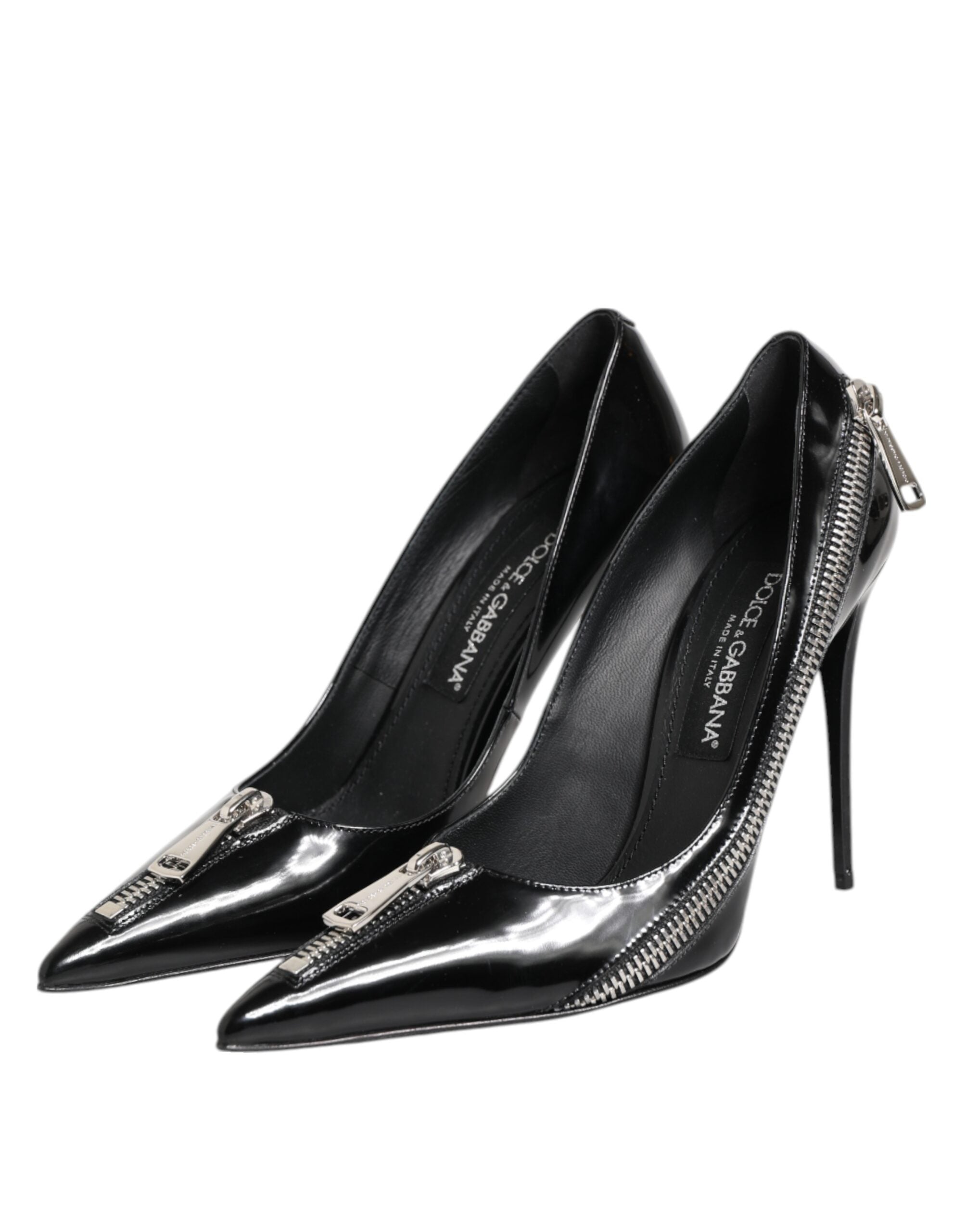 Black Patent Leather Zipper Heels Pumps Shoes - ventzia