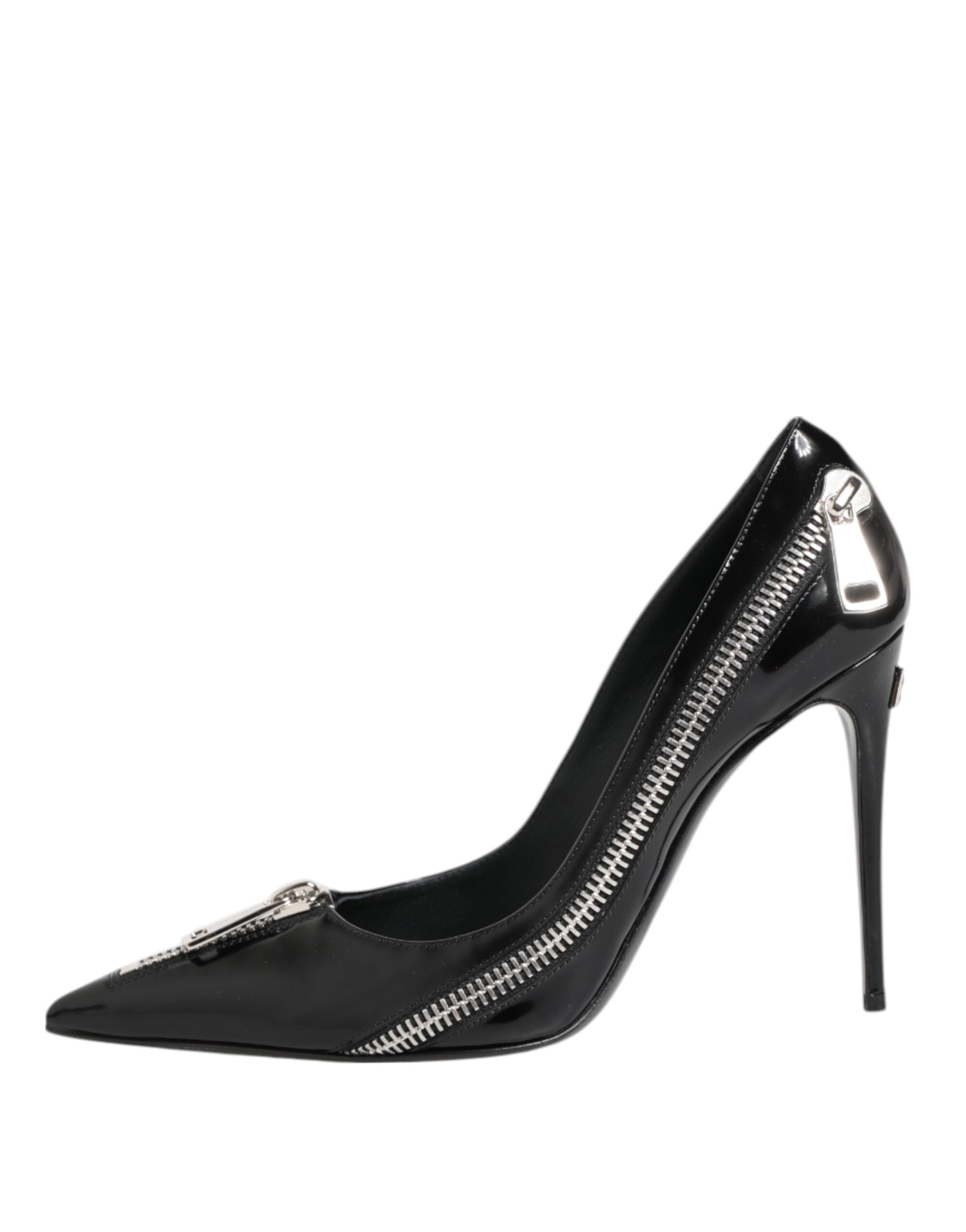Black Patent Leather Zipper Heels Pumps Shoes - ventzia
