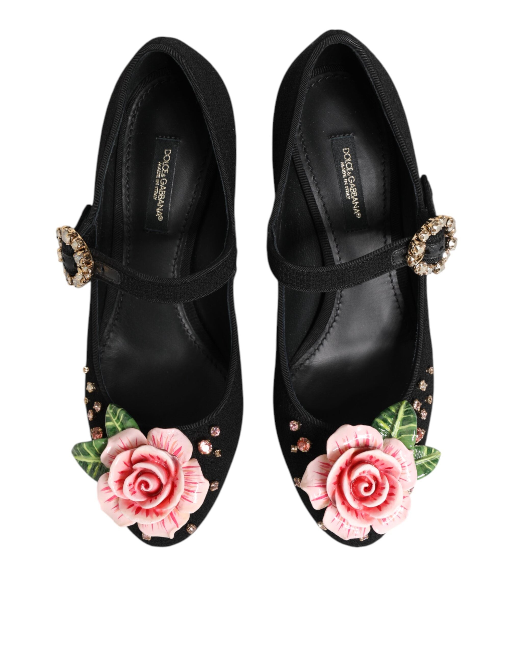 Black Flower Crystal Embellished Mary Jane Shoes - ventzia