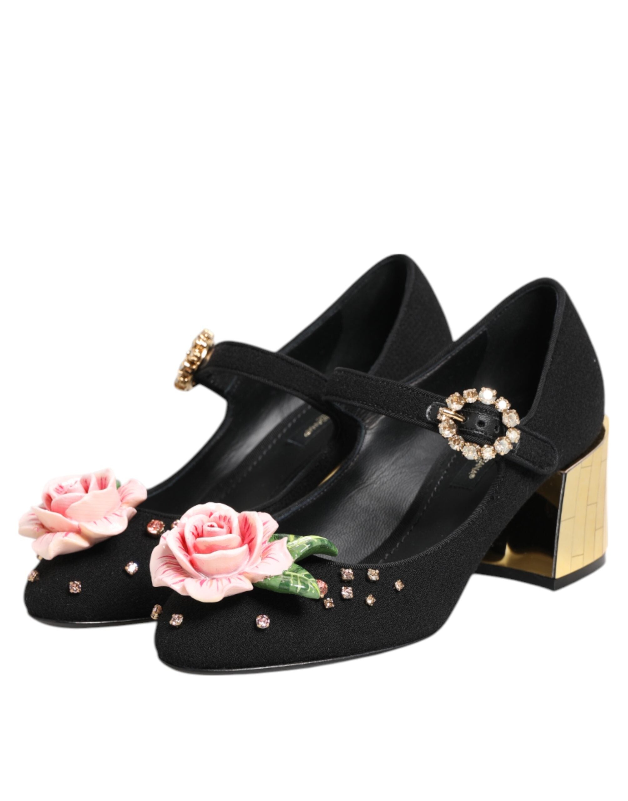 Black Flower Crystal Embellished Mary Jane Shoes - ventzia