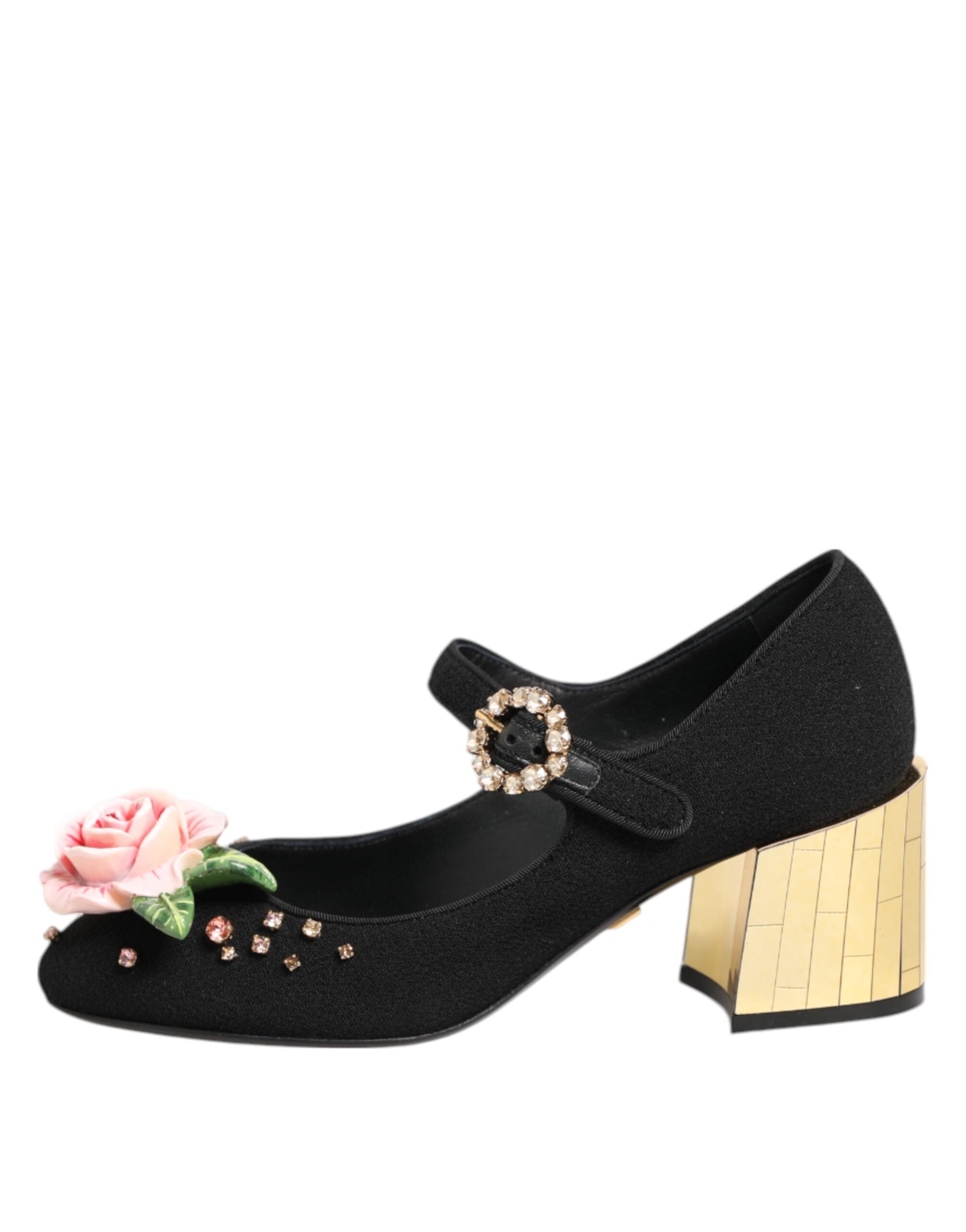 Black Flower Crystal Embellished Mary Jane Shoes - ventzia