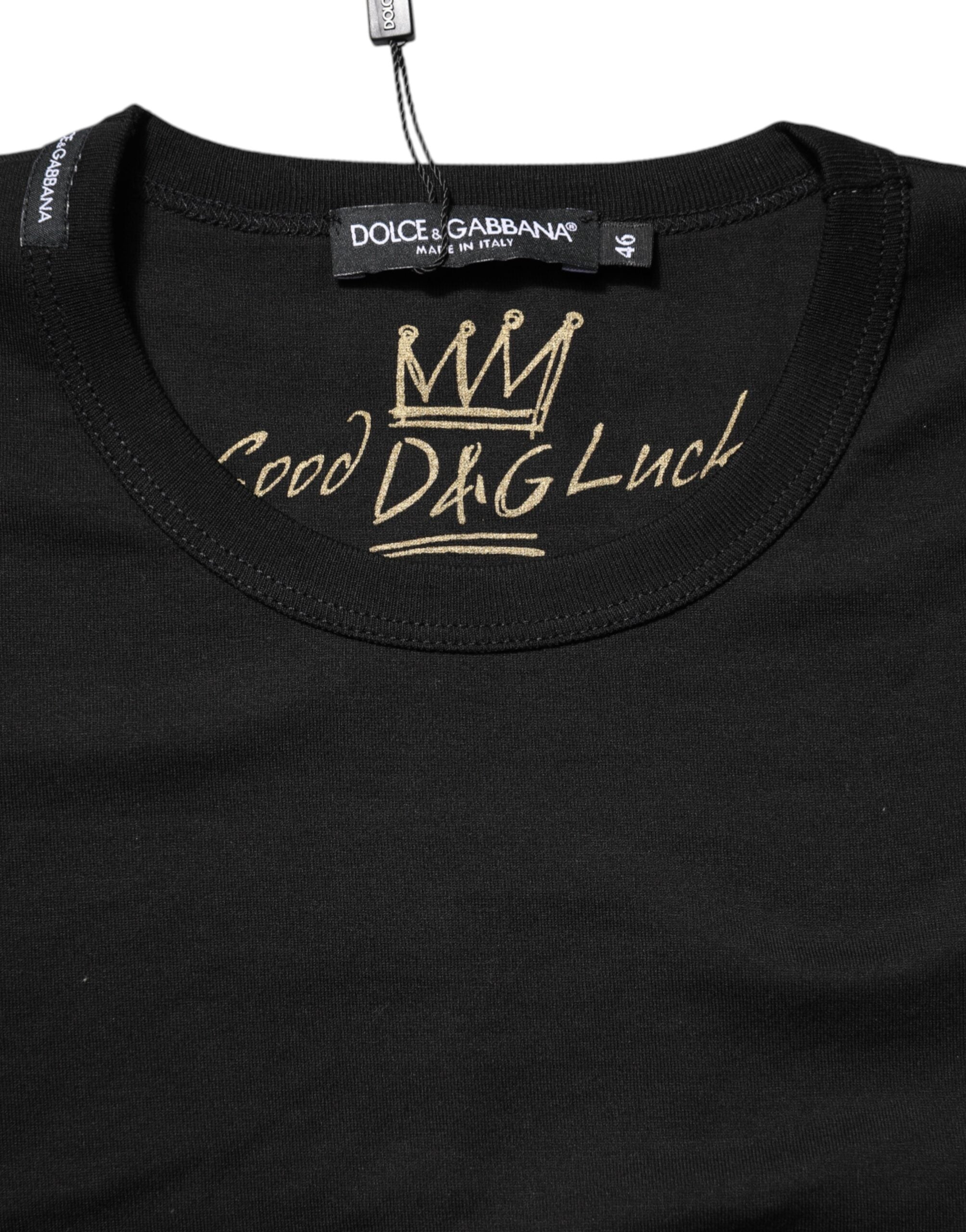 Black Cotton Goodluck Tee Crew Neck T-shirt - ventzia