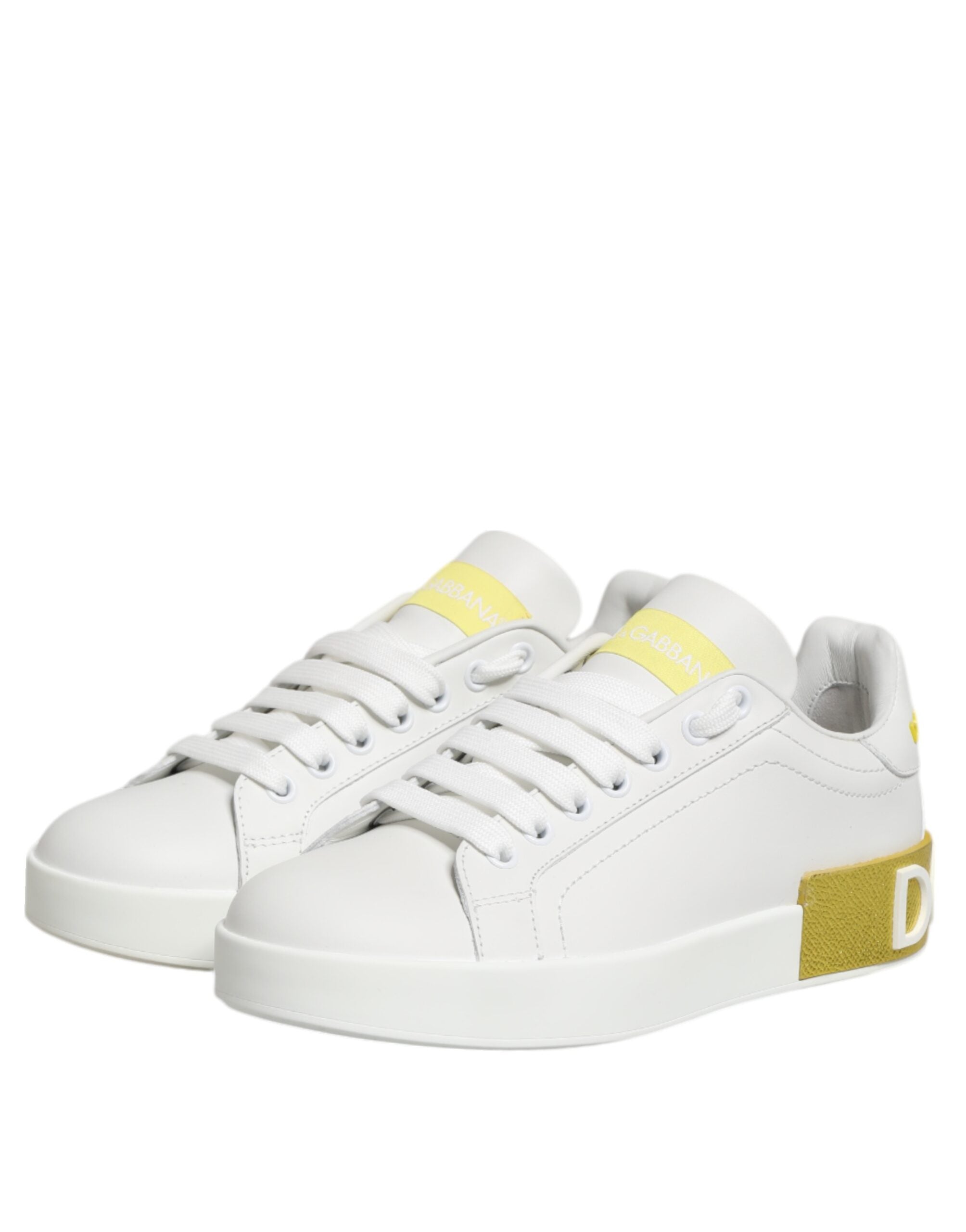 White Yellow Leather Low Top Sneakers Shoes - ventzia
