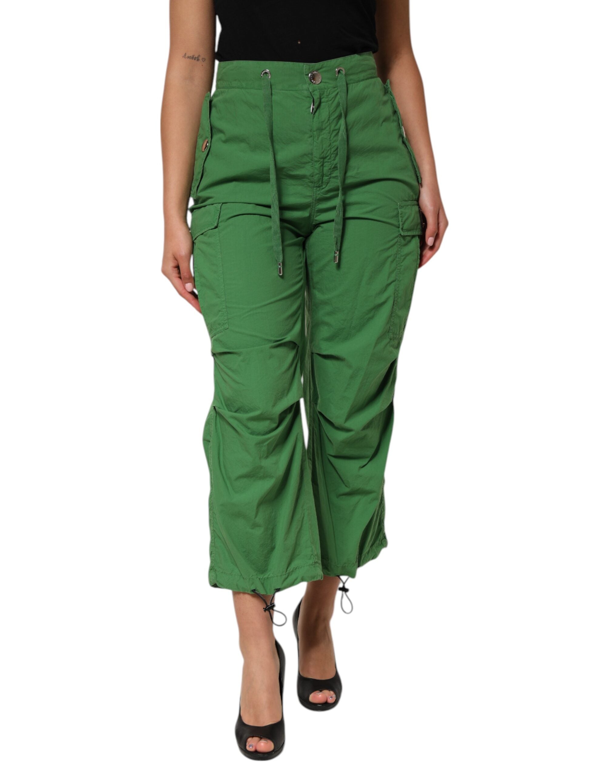 Green Cotton High Waist Cargo Trouser Pants - ventzia