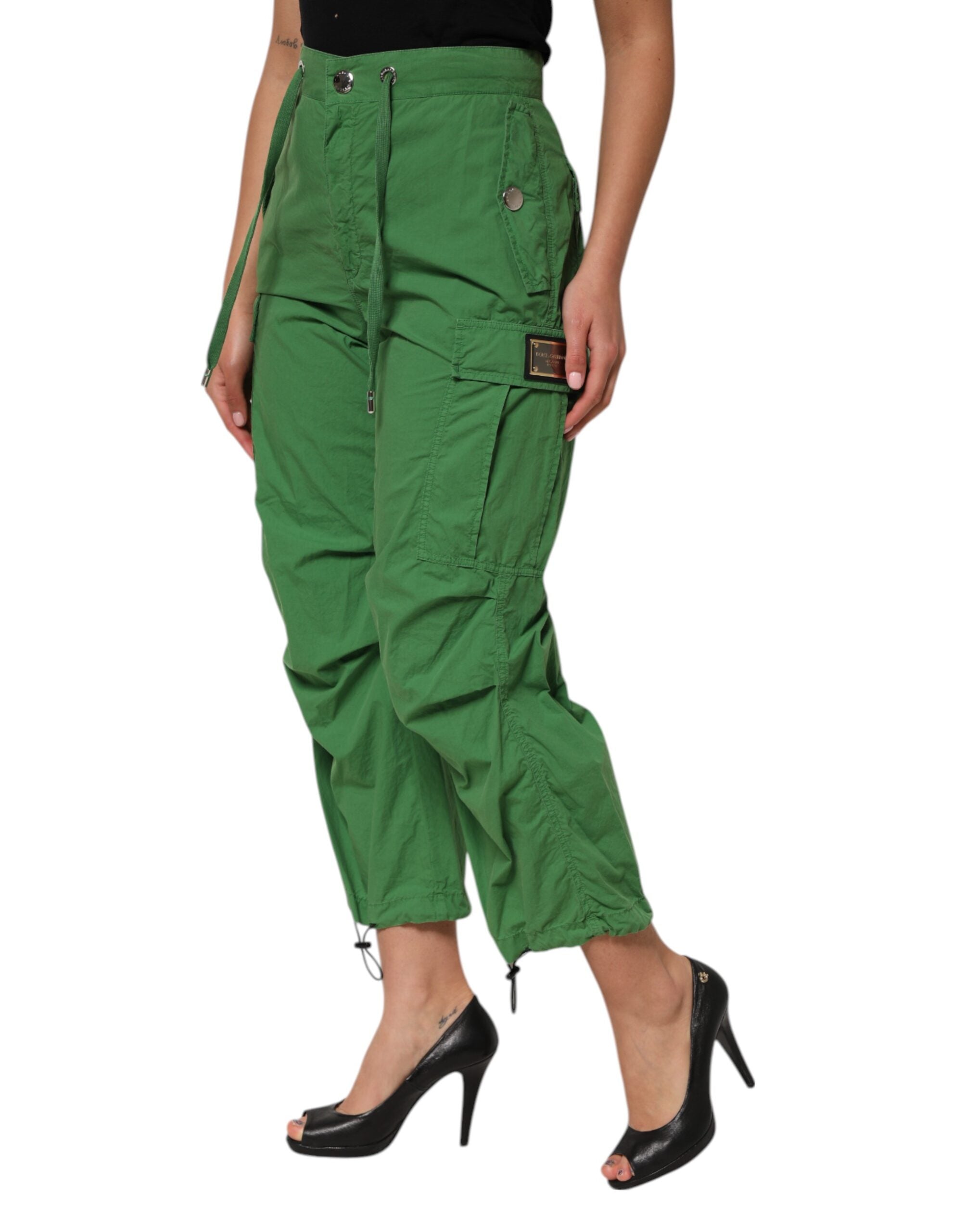 Green Cotton High Waist Cargo Trouser Pants - ventzia