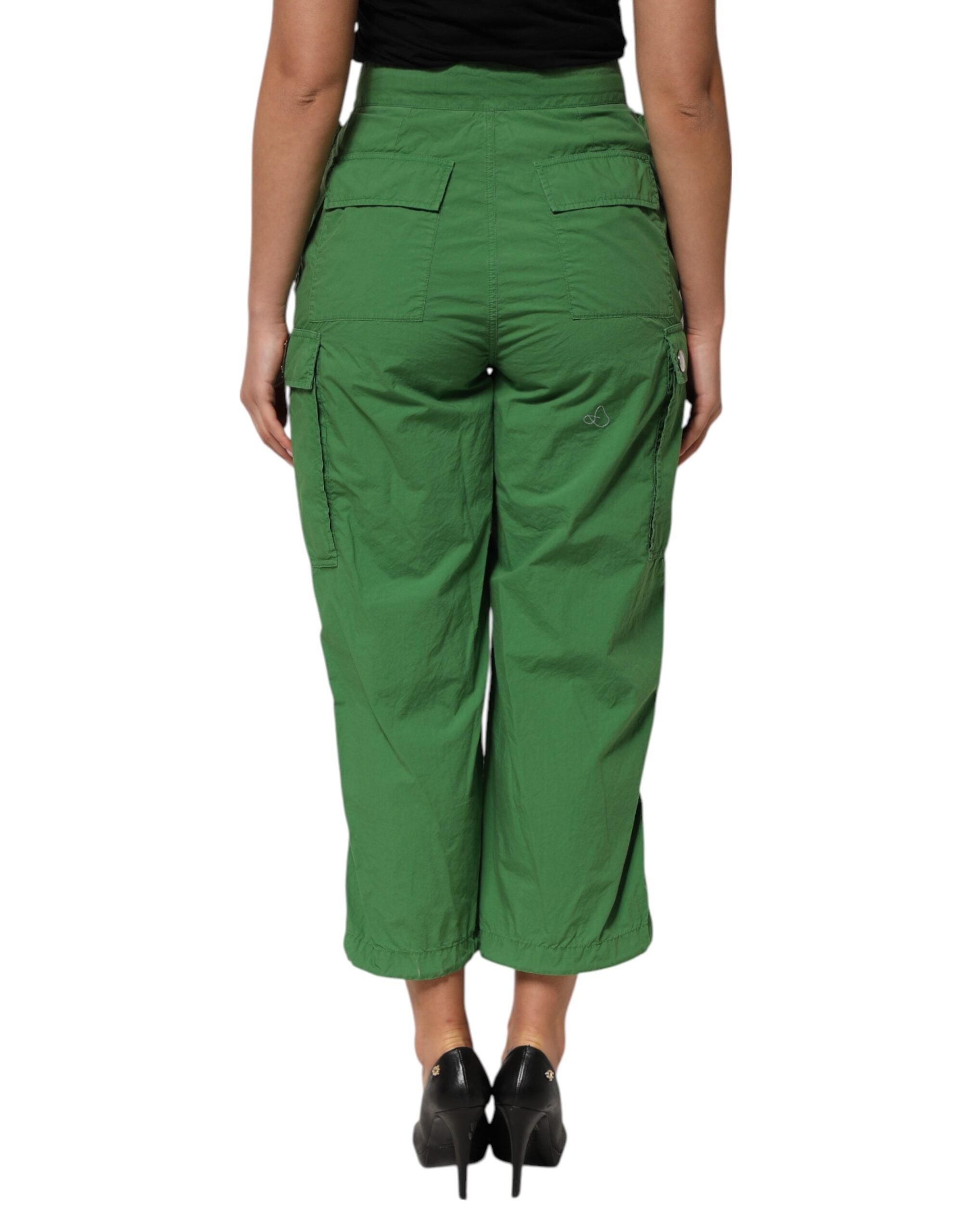 Green Cotton High Waist Cargo Trouser Pants - ventzia