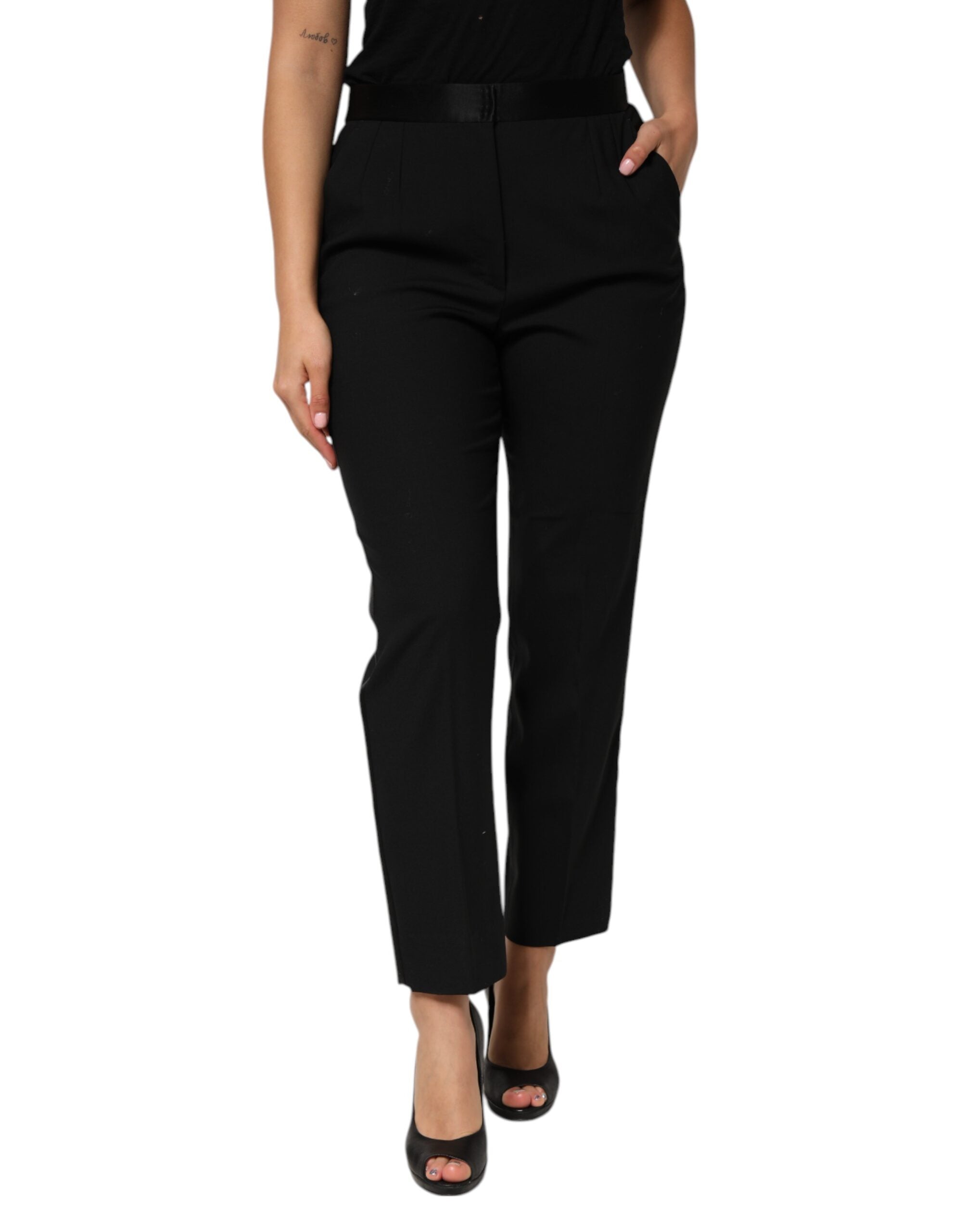 Black Wool HighWaist Tapered Trouser Pants - ventzia