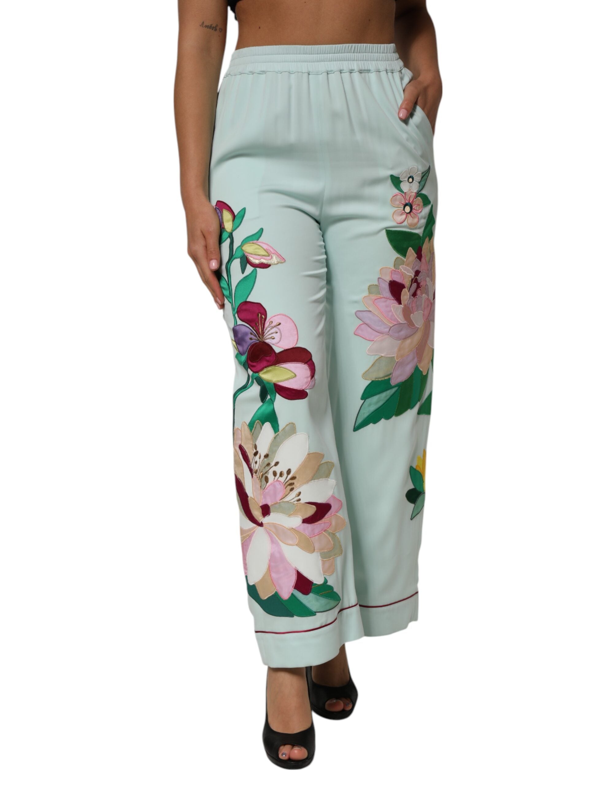 Green Floral Garterized Straight Pajama Pants - ventzia