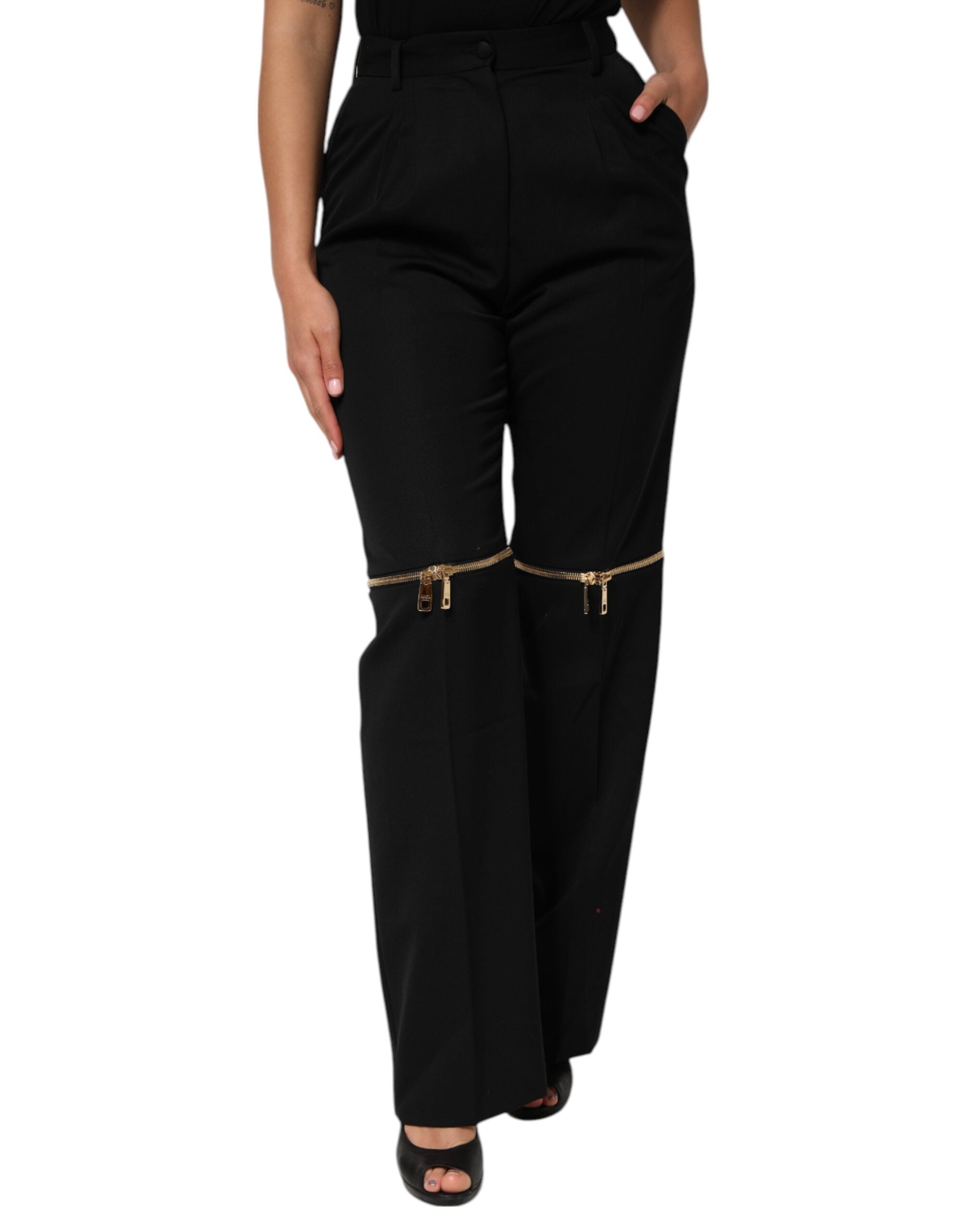 Black Zip Detailed Wool Straight Leg Pants - ventzia