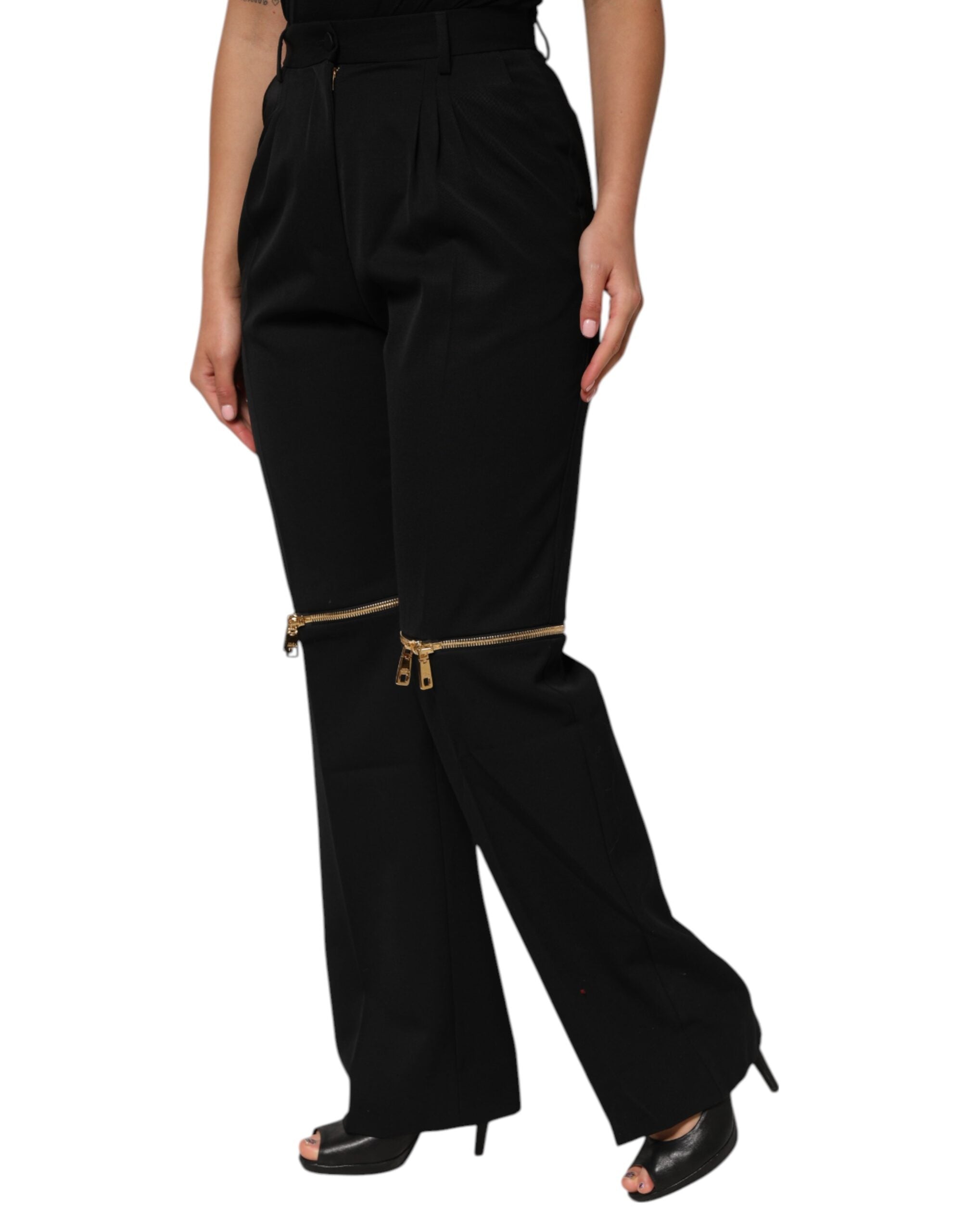 Black Zip Detailed Wool Straight Leg Pants - ventzia