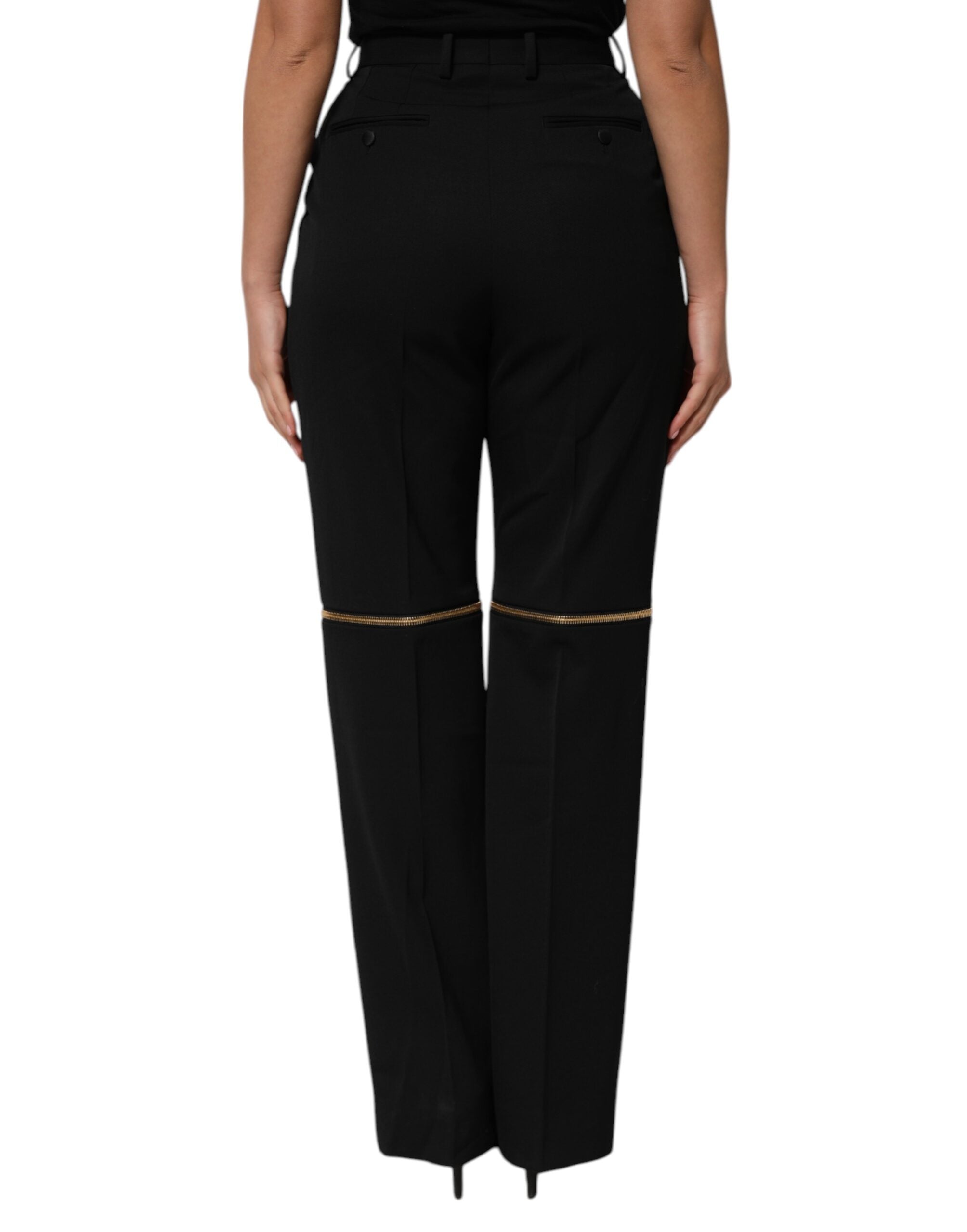 Black Zip Detailed Wool Straight Leg Pants - ventzia