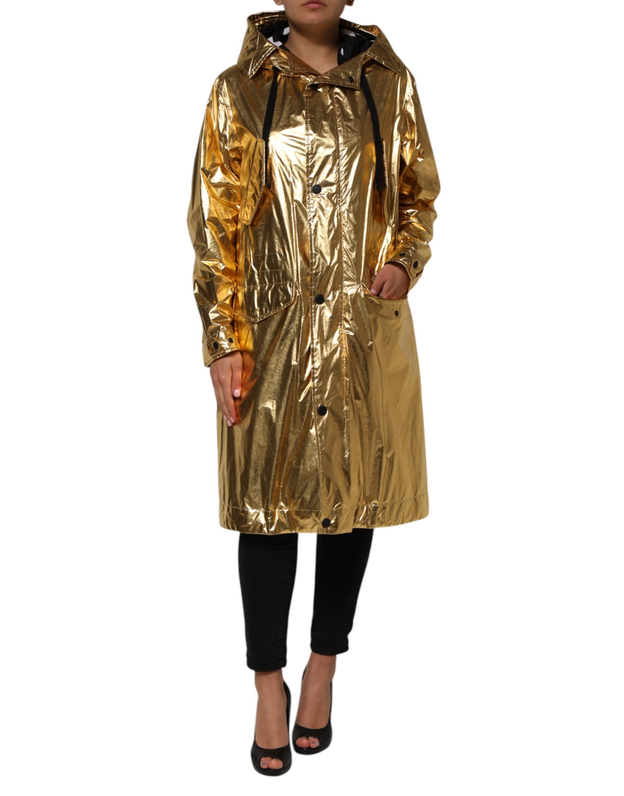 Gold Hooded Long Sleeves Trench Coat Jacket - ventzia