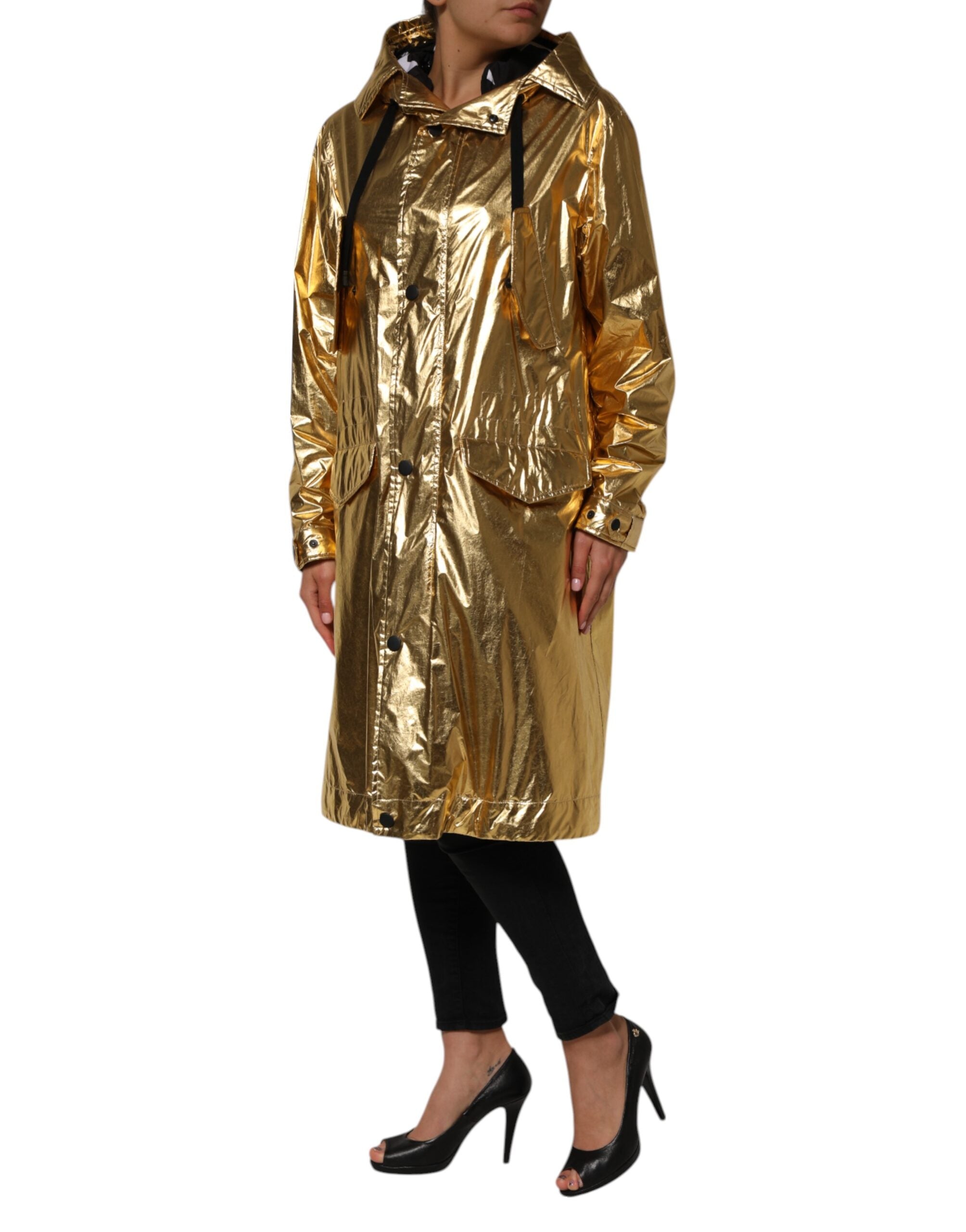 Gold Hooded Long Sleeves Trench Coat Jacket - ventzia
