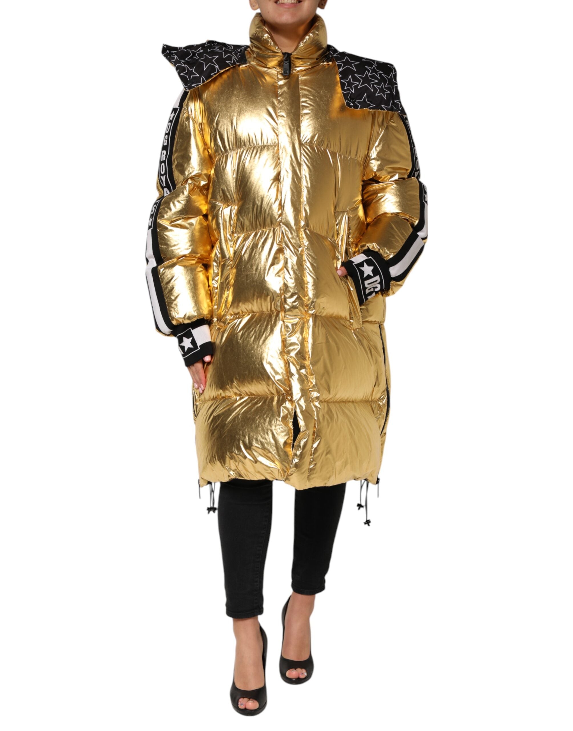 Gold Hooded Puffer Quilted Full Zip Jacket - ventzia