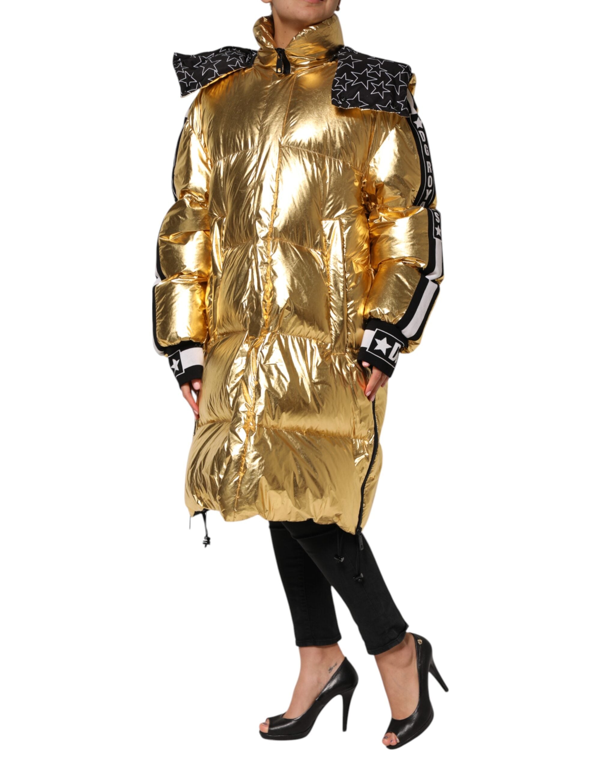 Gold Hooded Puffer Quilted Full Zip Jacket - ventzia