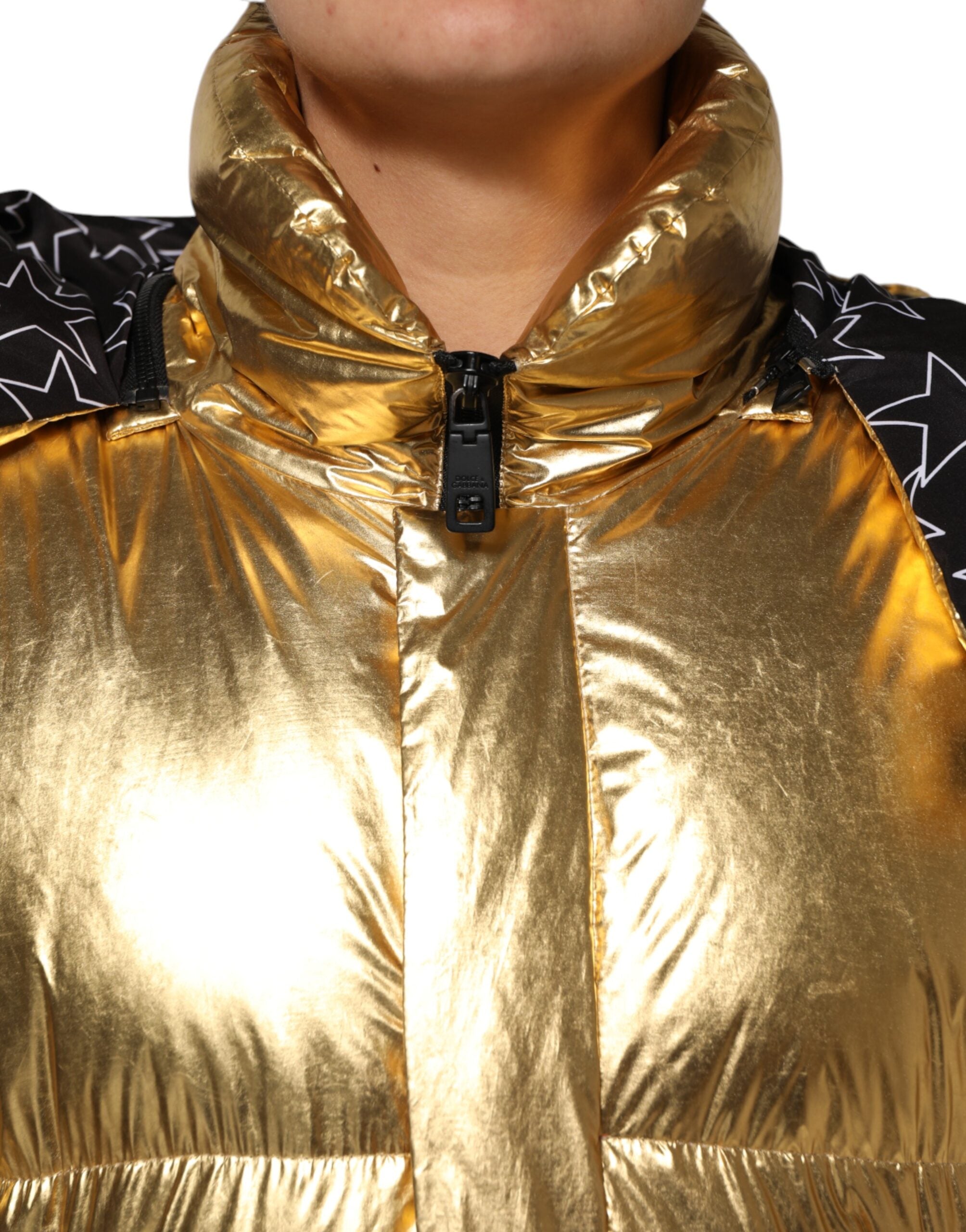 Gold Hooded Puffer Quilted Full Zip Jacket - ventzia