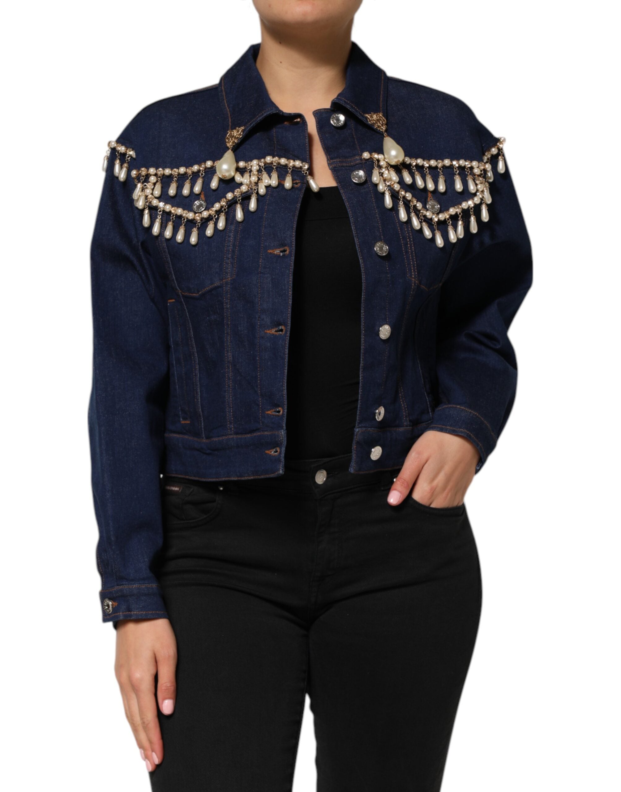 Blue Cotton Denim Crystal Embellished Jacket - ventzia