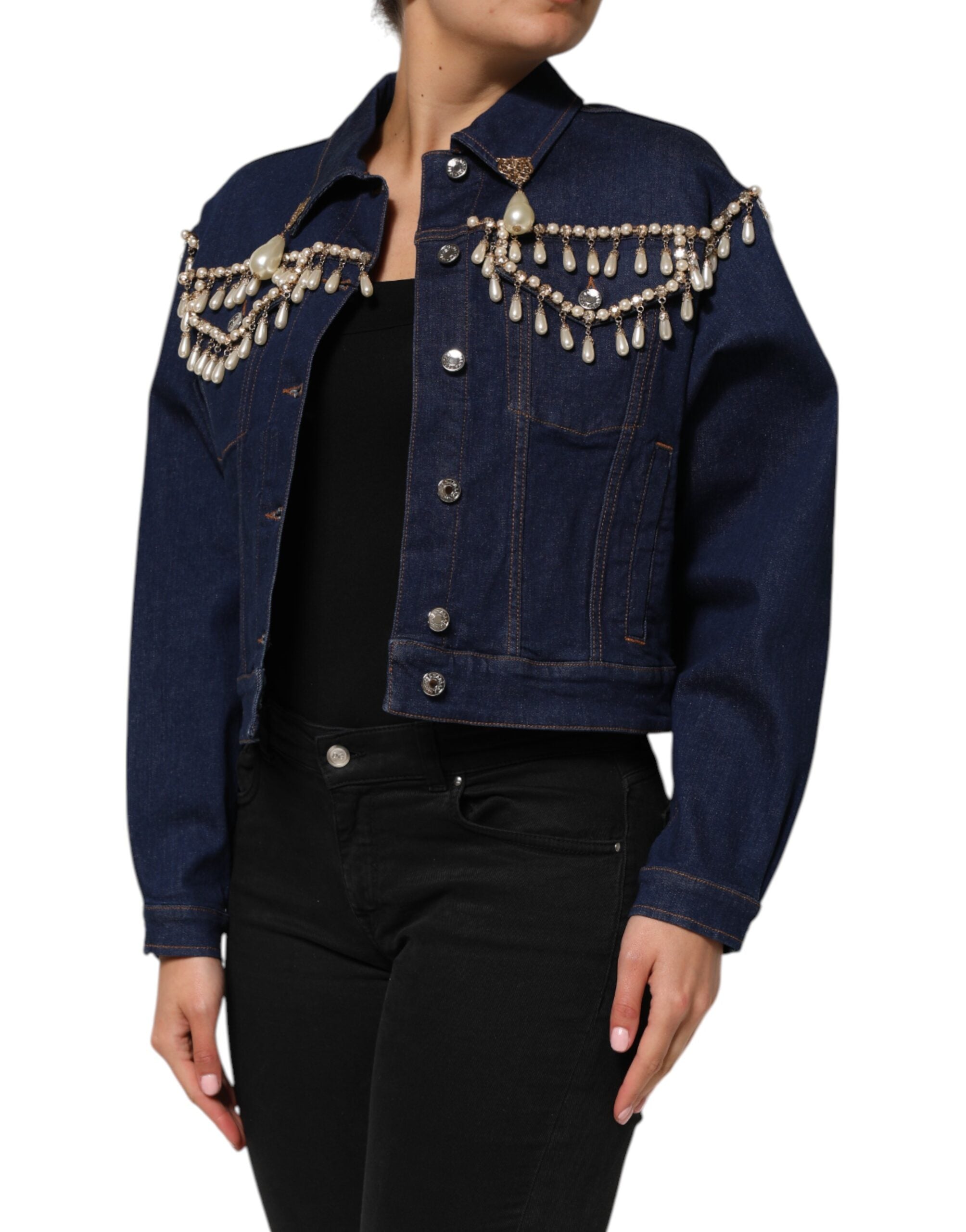 Blue Cotton Denim Crystal Embellished Jacket - ventzia
