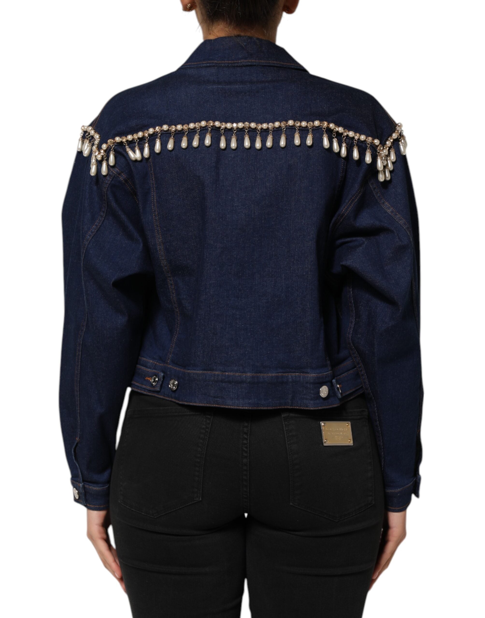 Blue Cotton Denim Crystal Embellished Jacket - ventzia