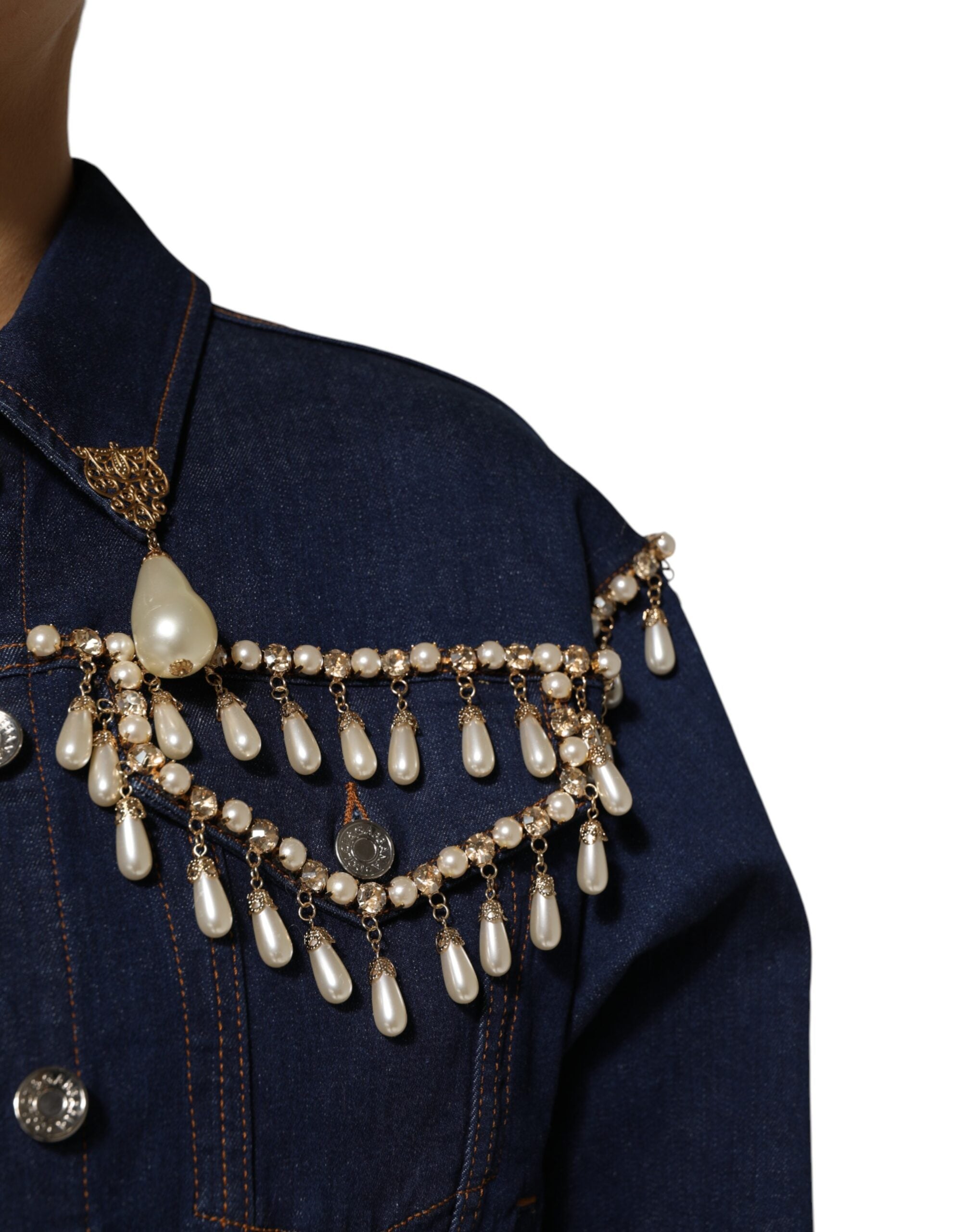 Blue Cotton Denim Crystal Embellished Jacket - ventzia