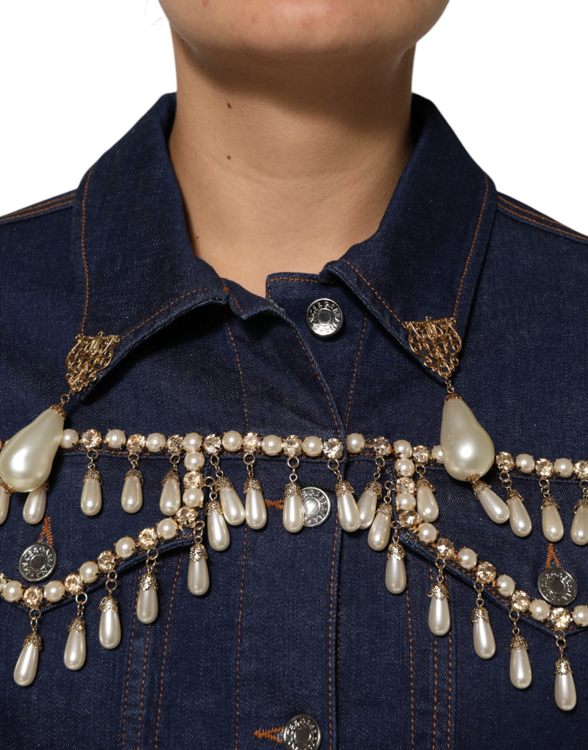Blue Cotton Denim Crystal Embellished Jacket - ventzia