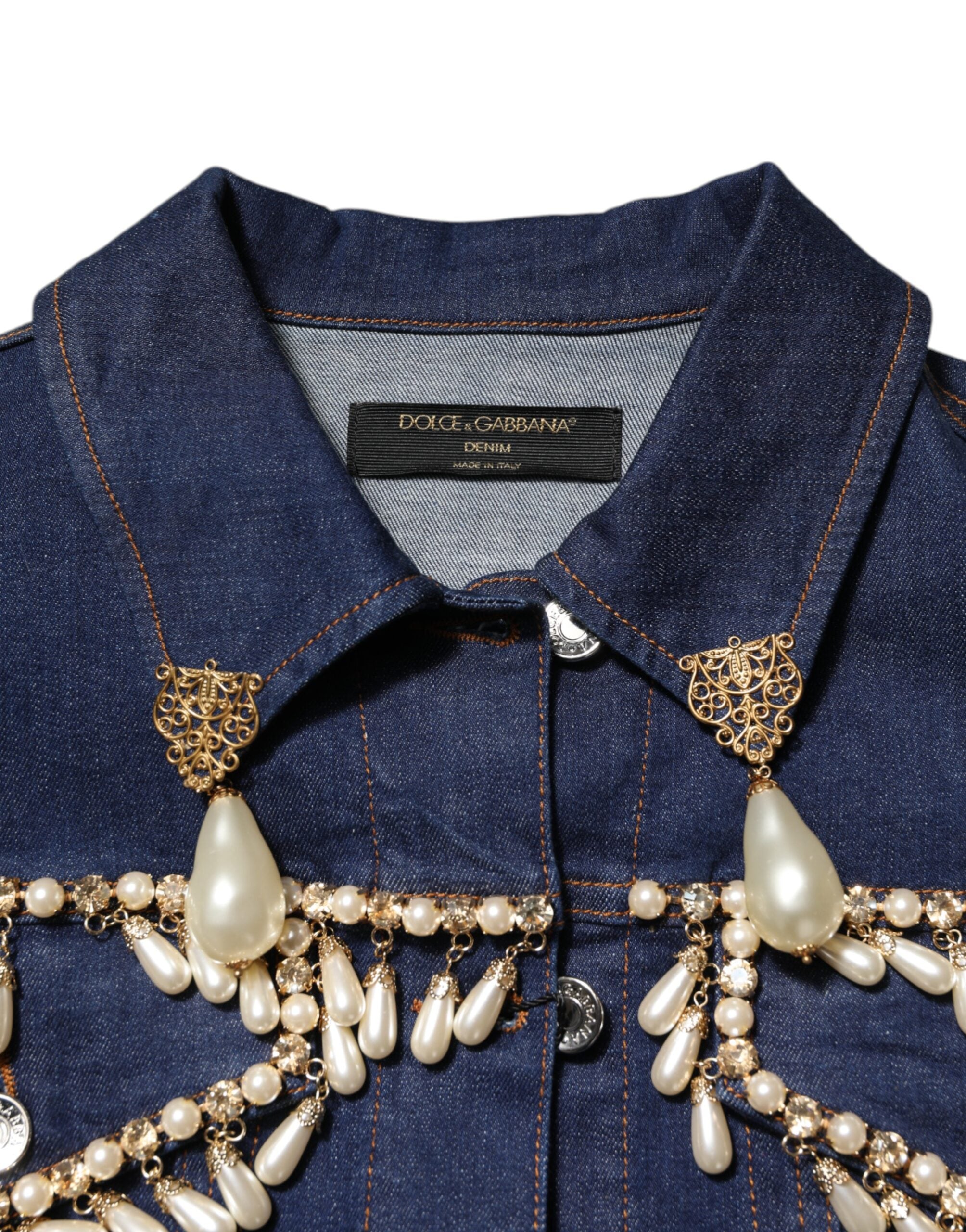 Blue Cotton Denim Crystal Embellished Jacket - ventzia