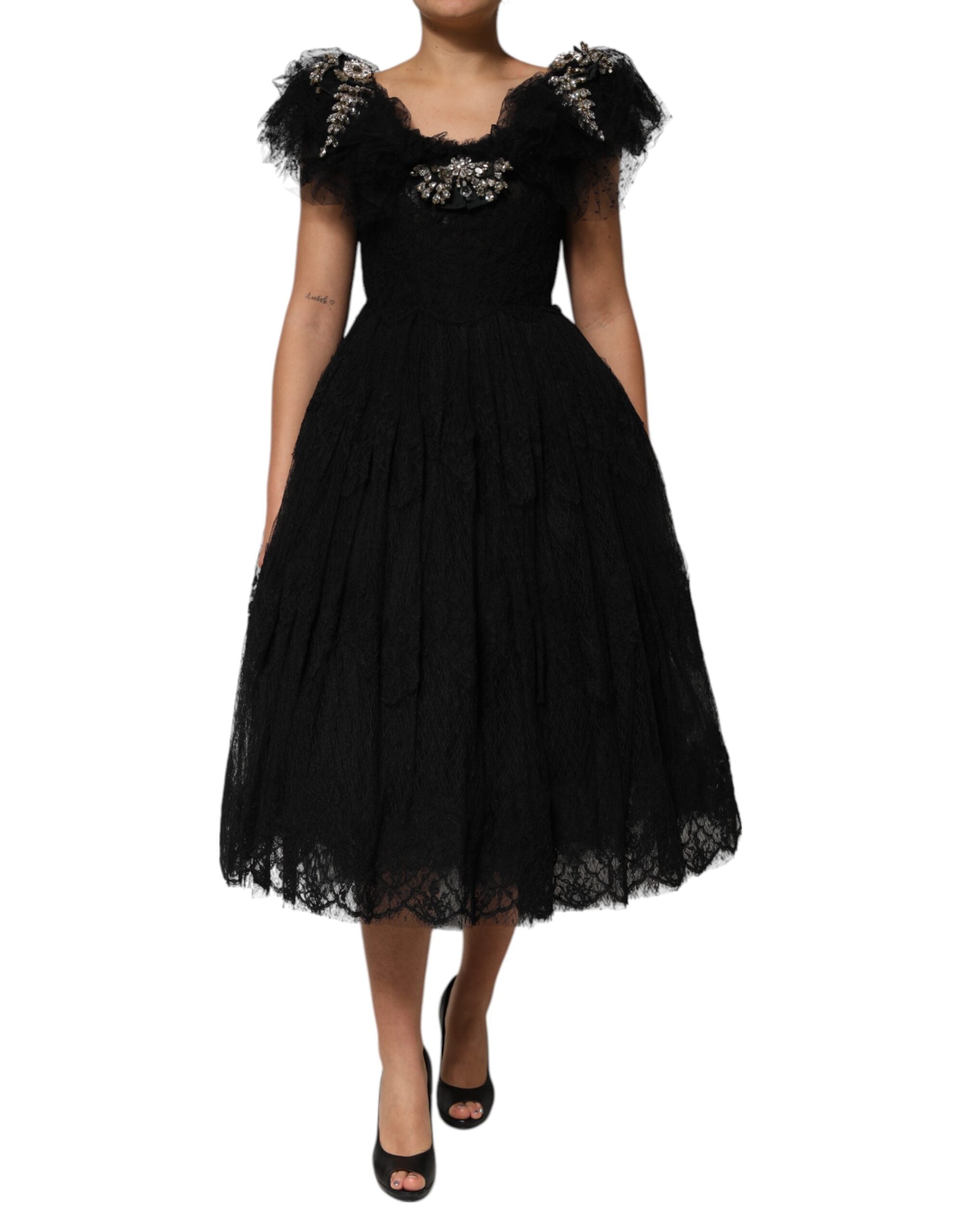 Black Crystal Embellished Midi A-line Dress - ventzia