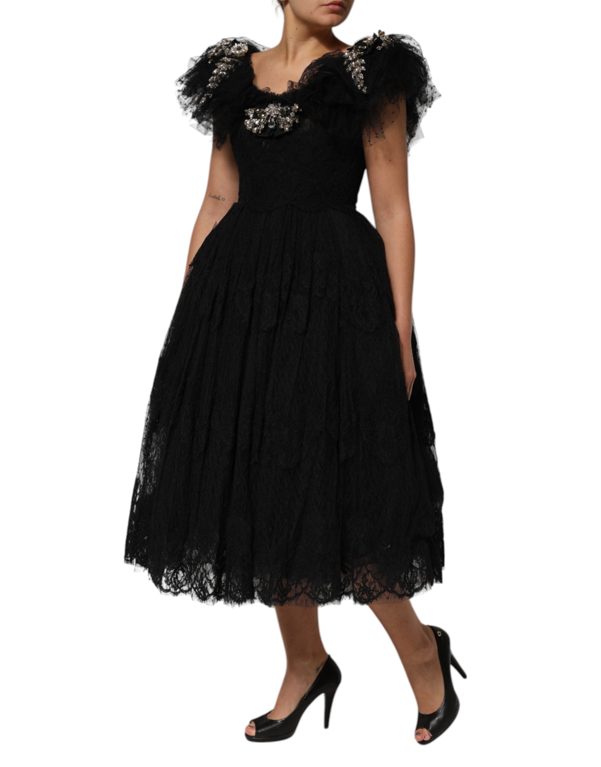 Black Crystal Embellished Midi A-line Dress - ventzia