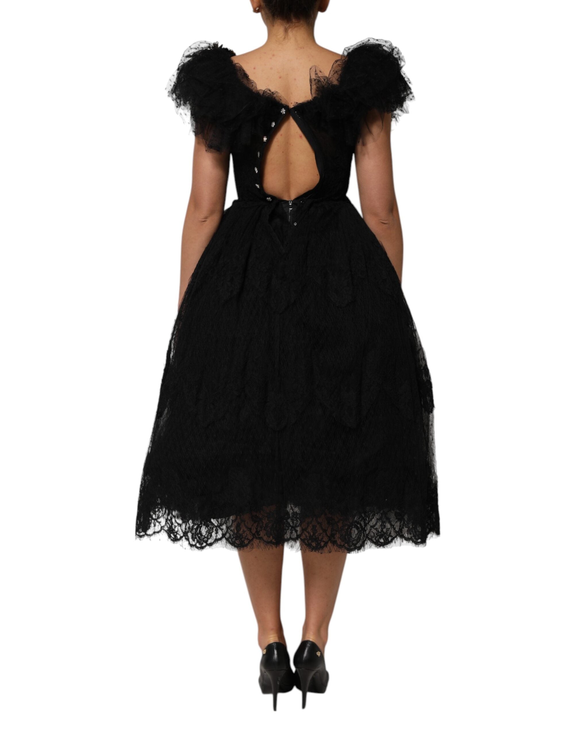 Black Crystal Embellished Midi A-line Dress - ventzia