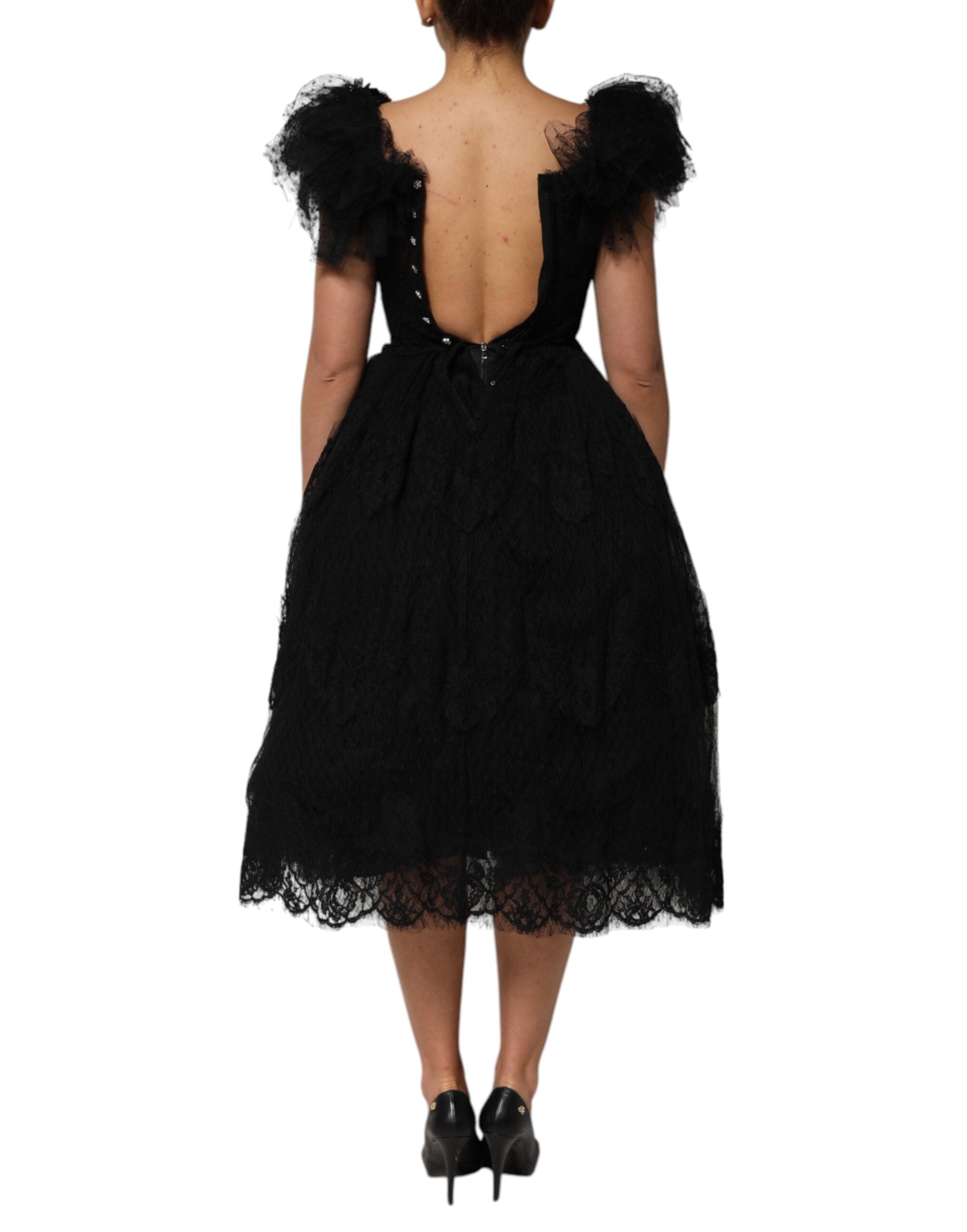 Black Crystal Embellished Midi A-line Dress - ventzia