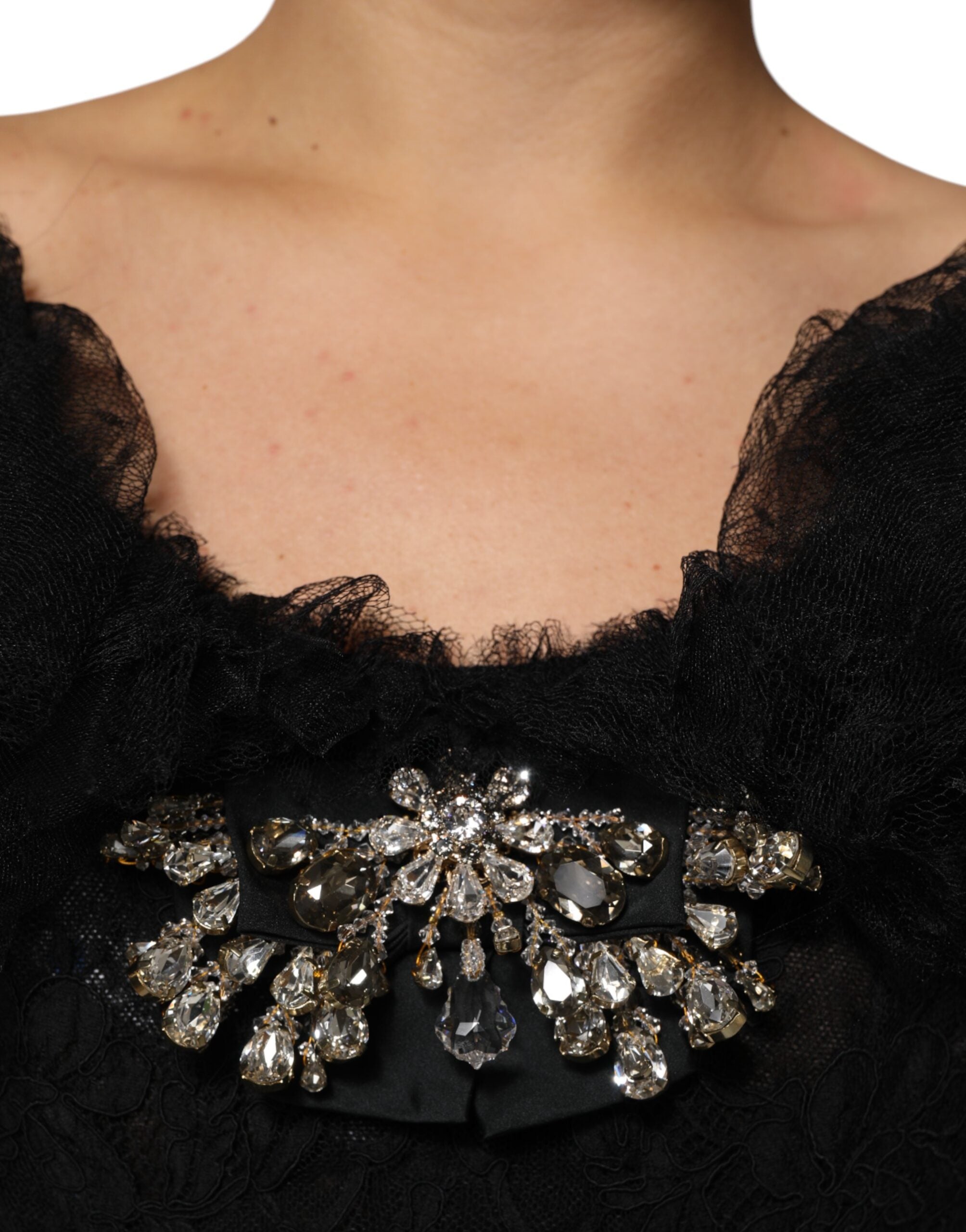 Black Crystal Embellished Midi A-line Dress - ventzia