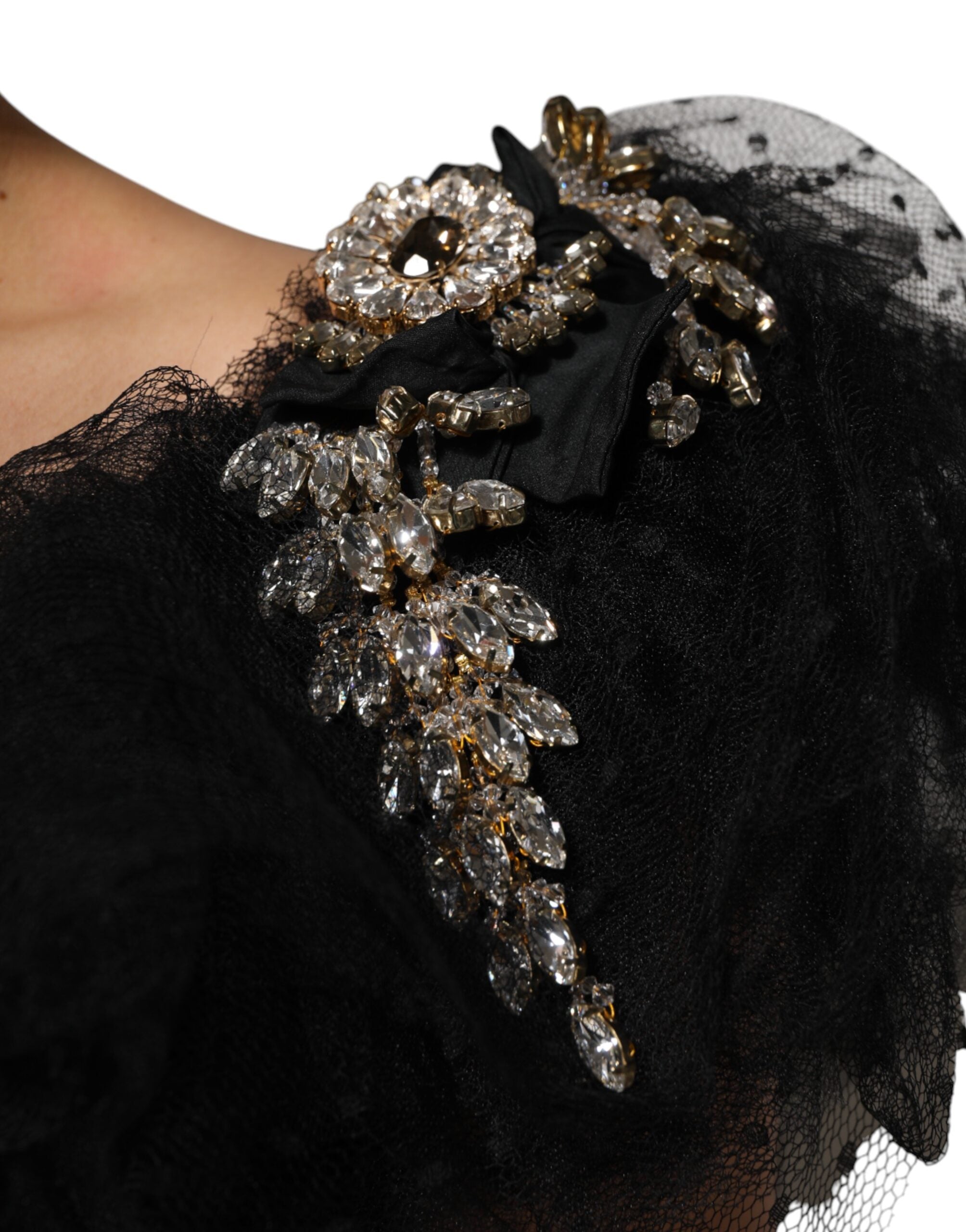 Black Crystal Embellished Midi A-line Dress - ventzia