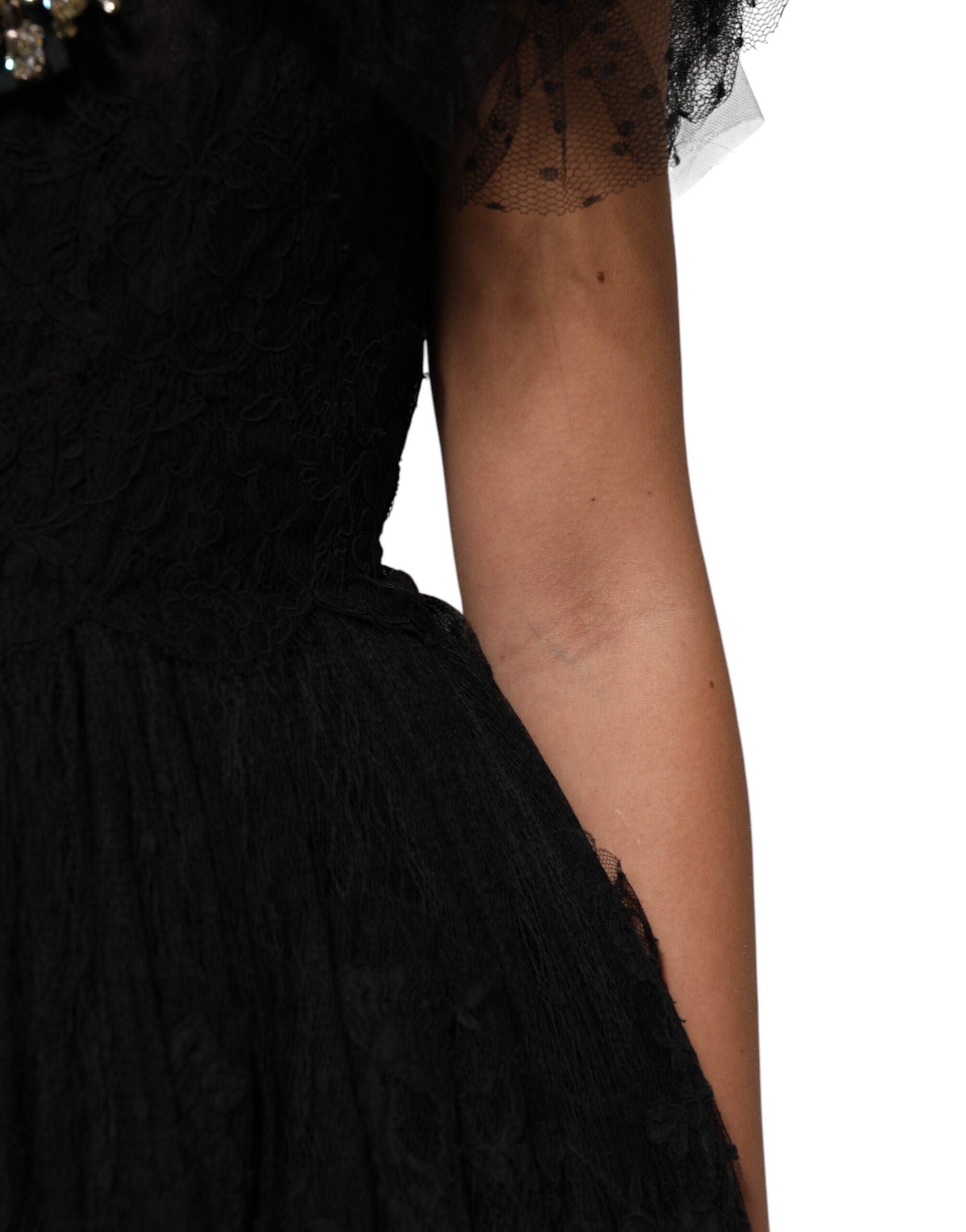 Black Crystal Embellished Midi A-line Dress - ventzia