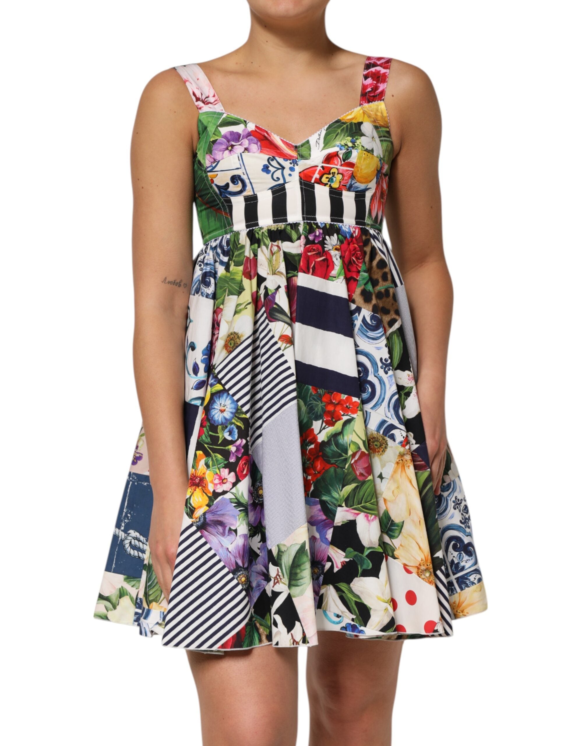 Multicolor Patchwork Cotton AlineMini Dress - ventzia