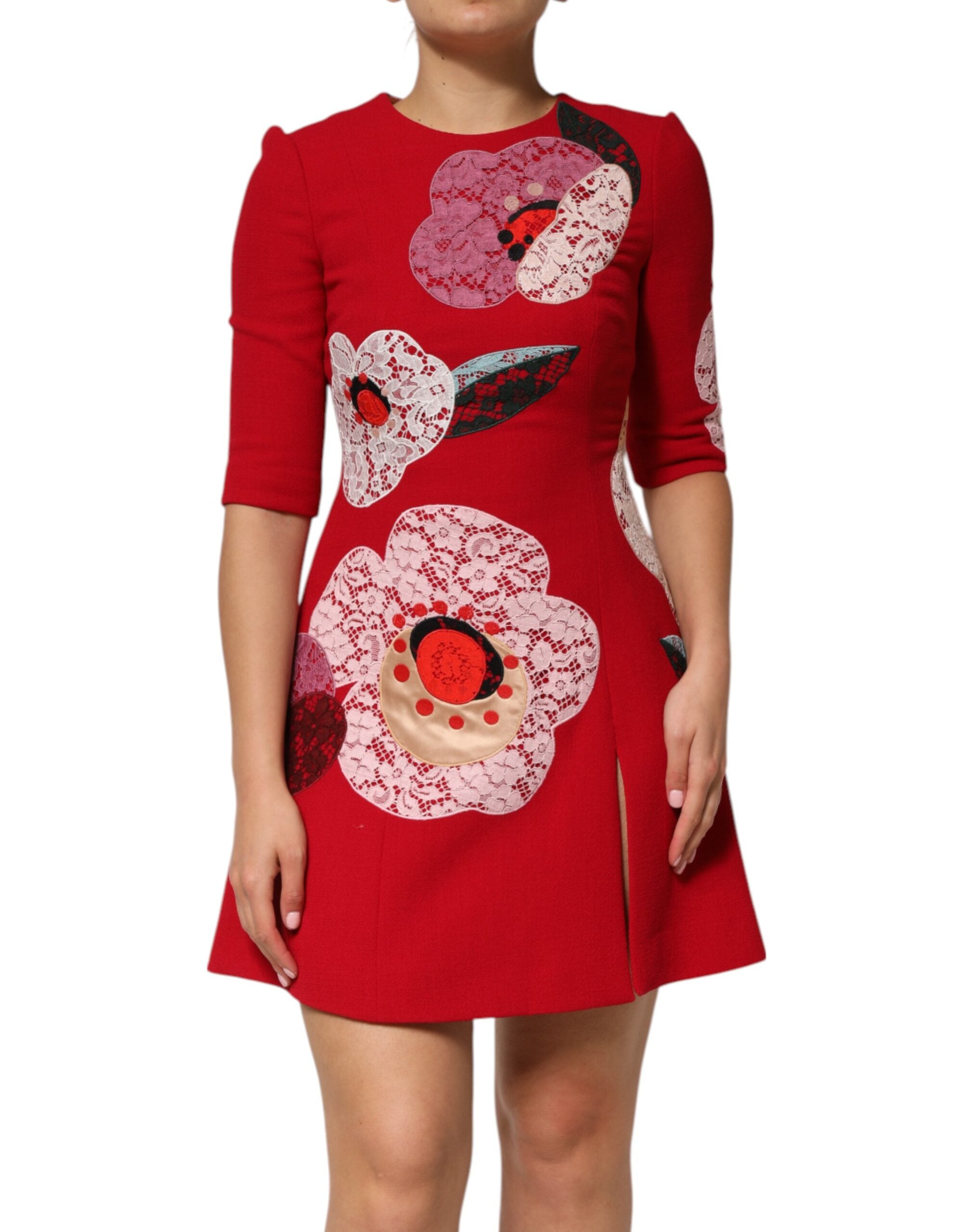 Red Lace Floral Applique A-line Mini Dress - ventzia
