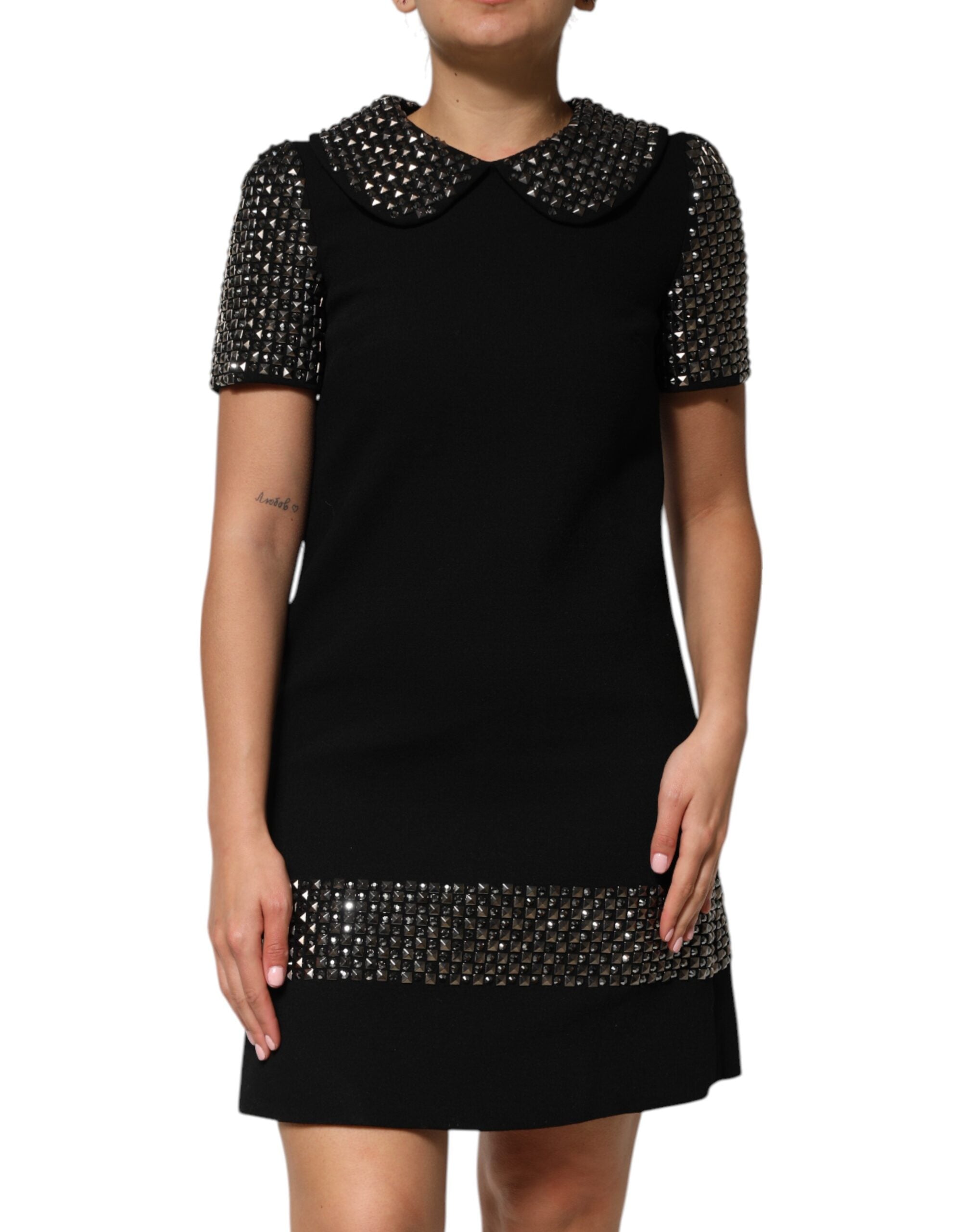 Black Crystal Embellished Collared Mini Dress - ventzia