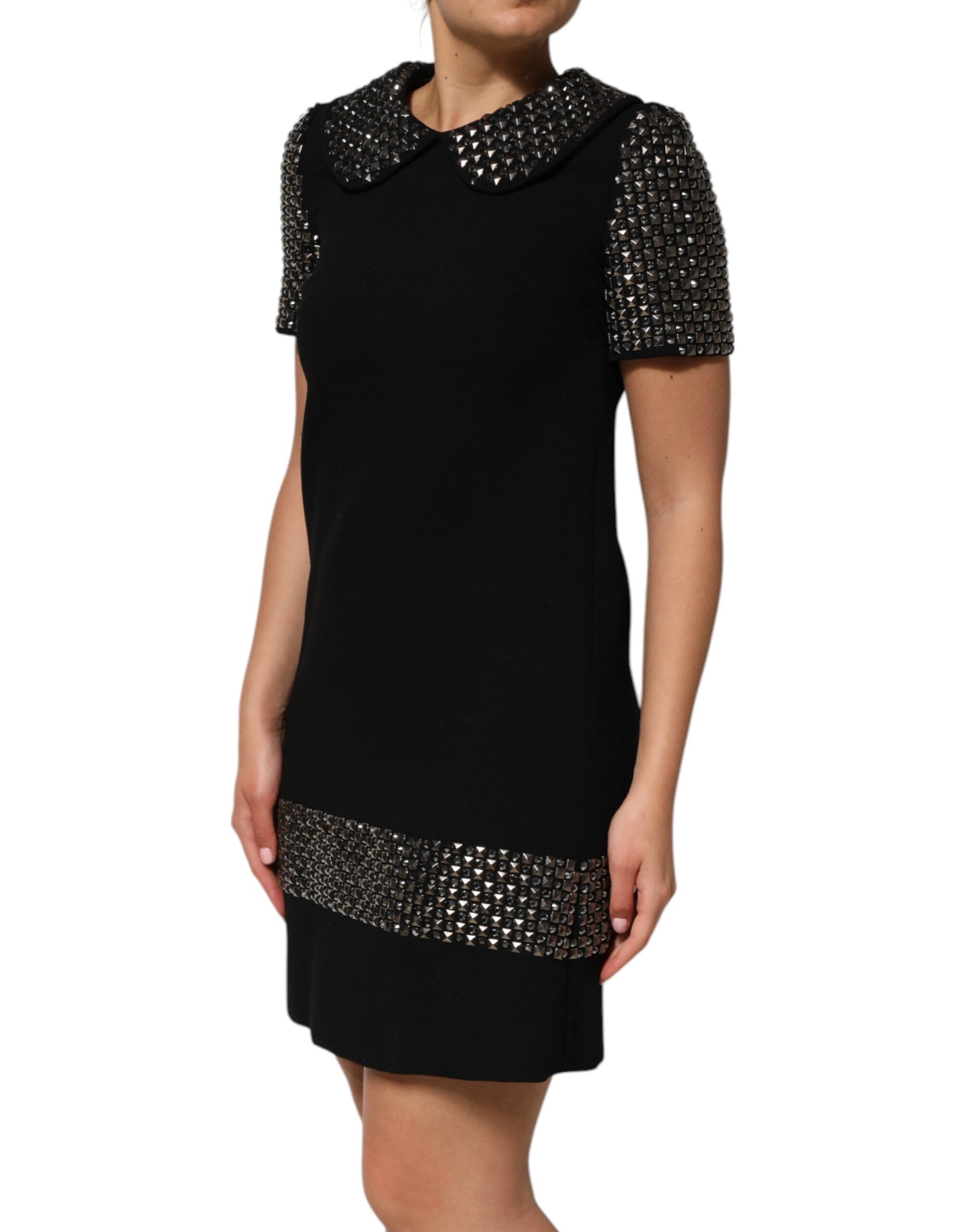 Black Crystal Embellished Collared Mini Dress - ventzia
