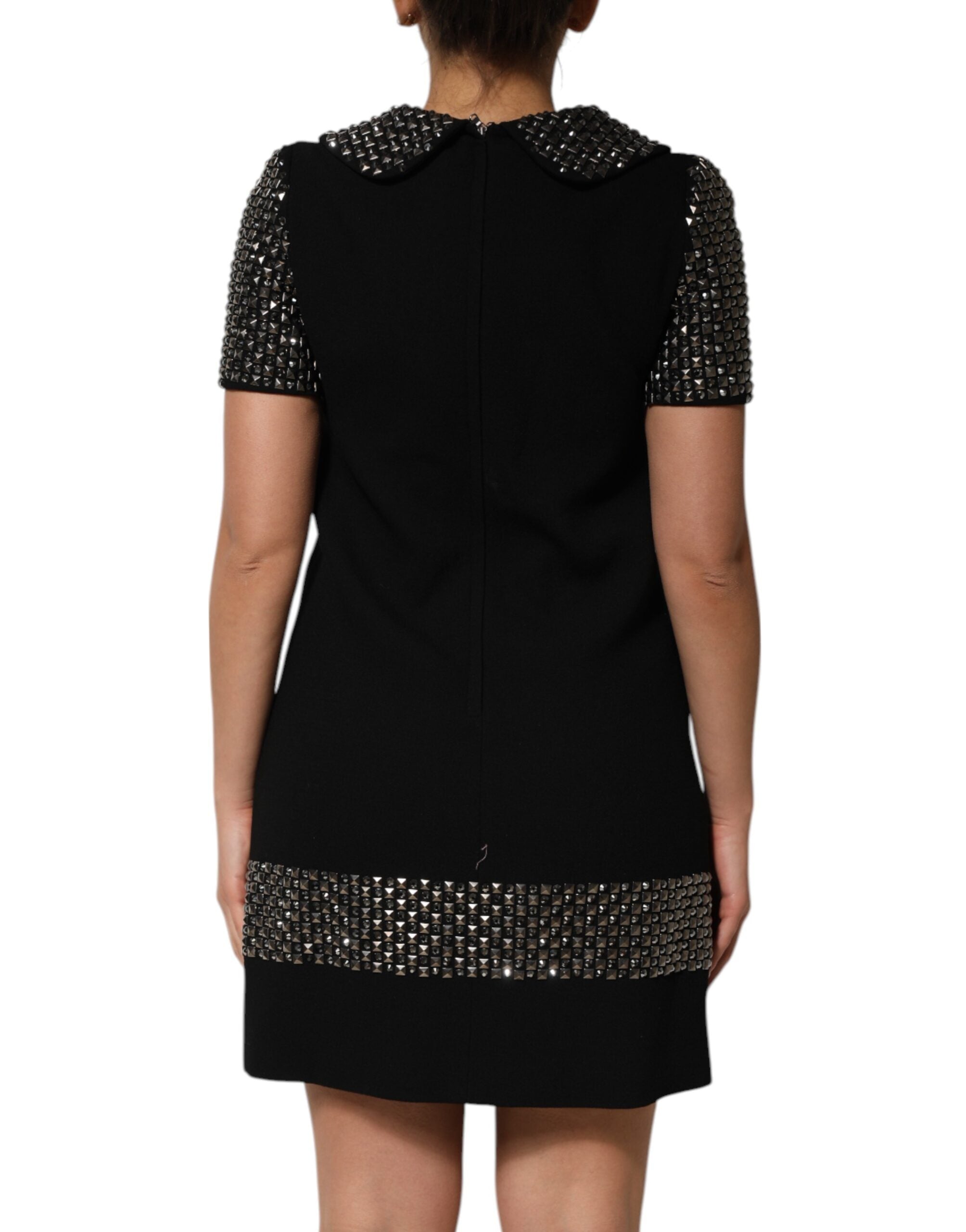 Black Crystal Embellished Collared Mini Dress - ventzia