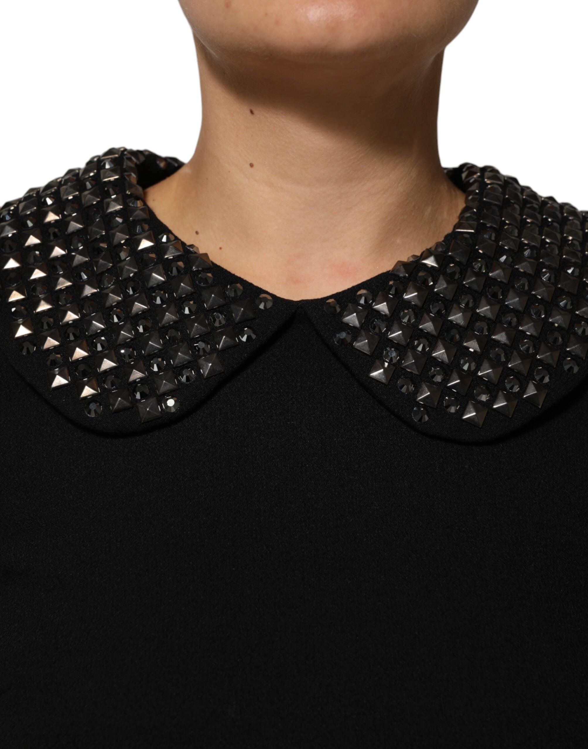Black Crystal Embellished Collared Mini Dress - ventzia