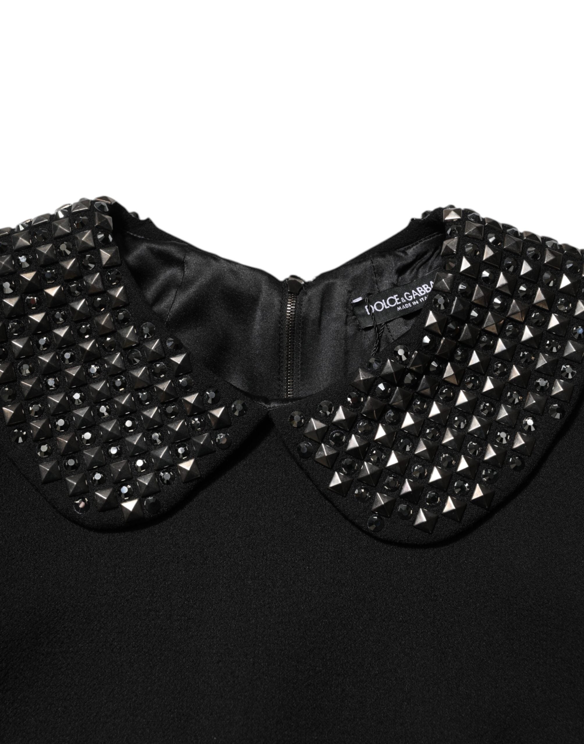 Black Crystal Embellished Collared Mini Dress - ventzia