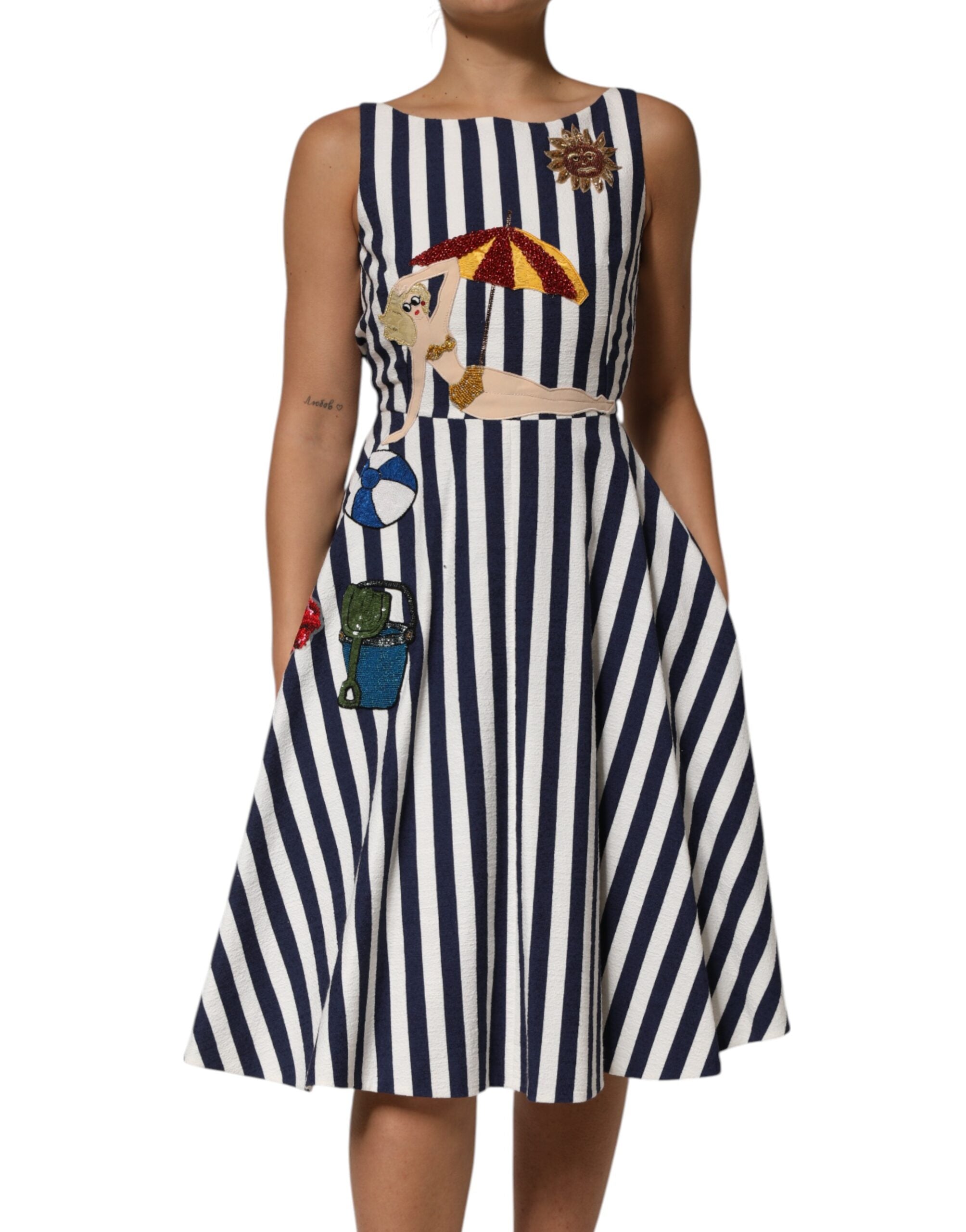 Blue White Striped Embroidered A-line Dress - ventzia
